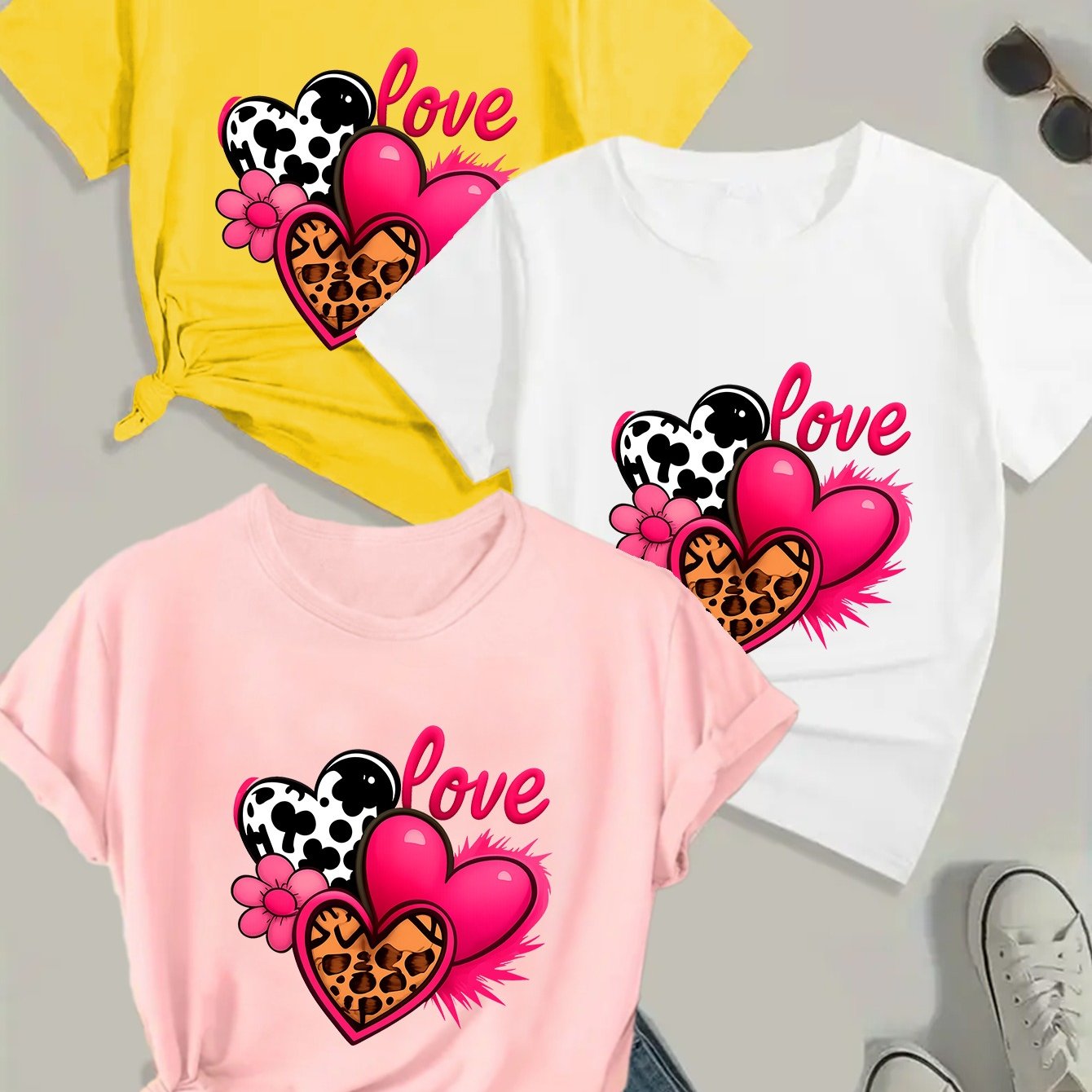 TEMU Pink Heart Leopard Print, Embellished With Flowers And "love" Text, 3pcs Set Of Women's Short-sleeve T-shirt Blouses With Stretch Fabric