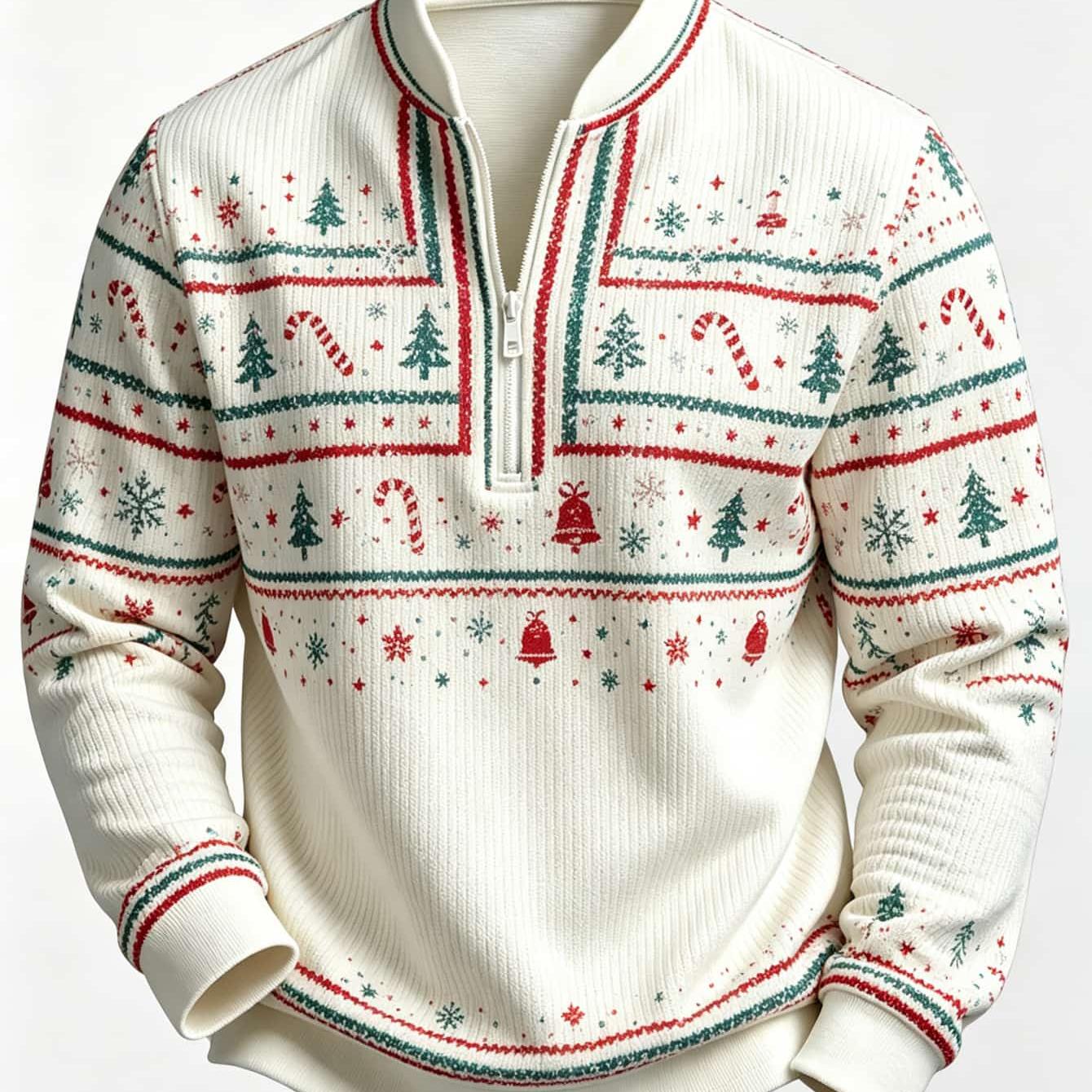 Image of 2d Flat Print Men's Fashion Half- Sweater, Men's Casual Knit Sweater Half-zip Long-sleeve Texture Christmas Holiday Vintage Nordic Collar Zipper Design -friendly Warm Christmas Tree Candy Cane Bel