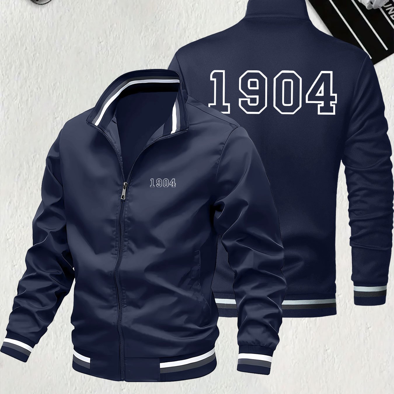 TEMU Men's Lightweight Stand Collar Casual Jacket With 1904 Digital Pattern Elements, Comfortable Fabric, Zipper Front, Regular Fit, Versatile