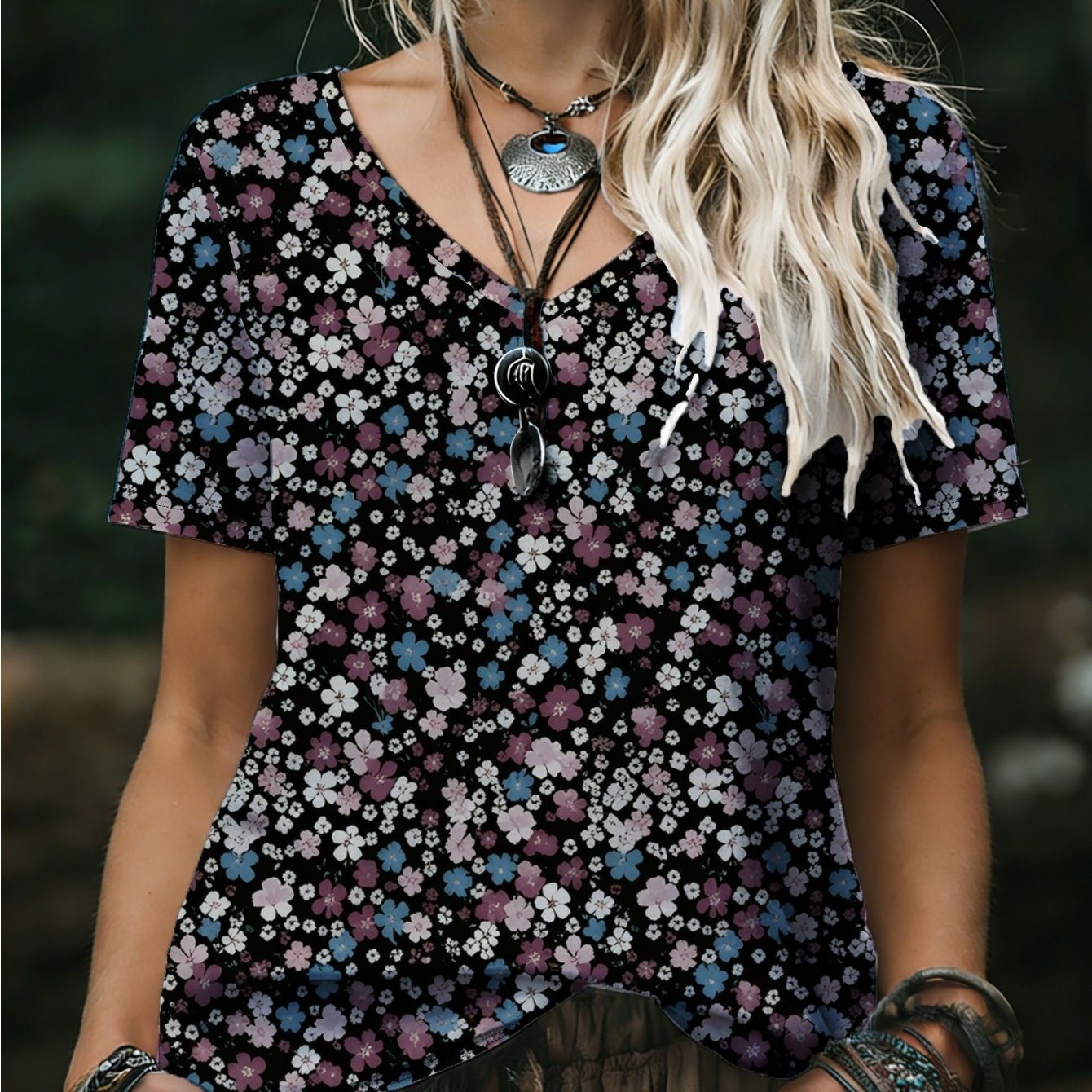 TEMU Plus Size, Plus Size Women's Elegant V-neck Short Sleeve T-shirt - Loose Fit Blouse Top With Full-body Purple-pink Floral Print, Suitable For -