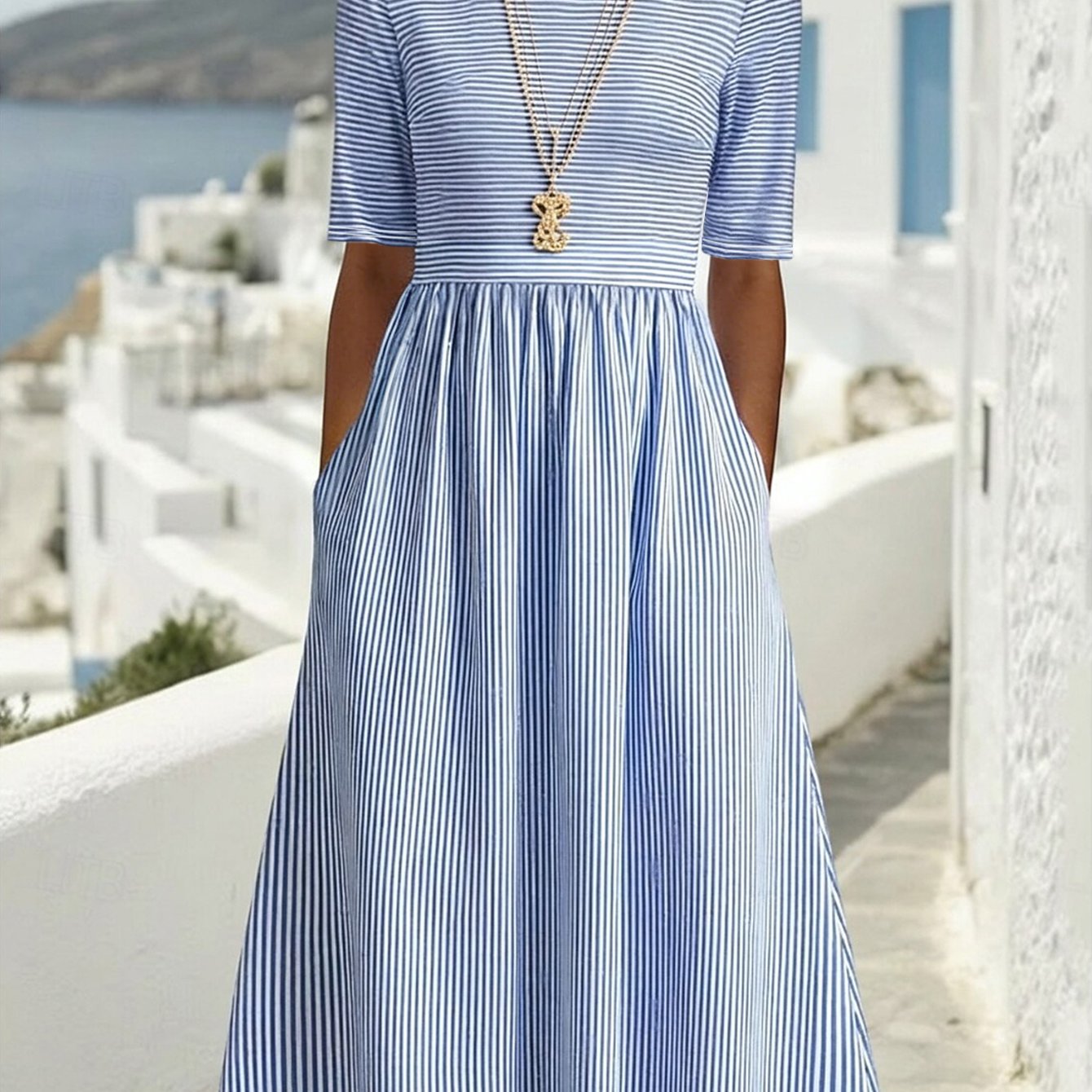 Image of Elegant Orienteering /summer Women' And Blue Striped Print Round Neck Short Sleeve Midi Dress, A-line Dress With Pockets, Summer Casual Vacation Dress, Elegant Women's Dresses