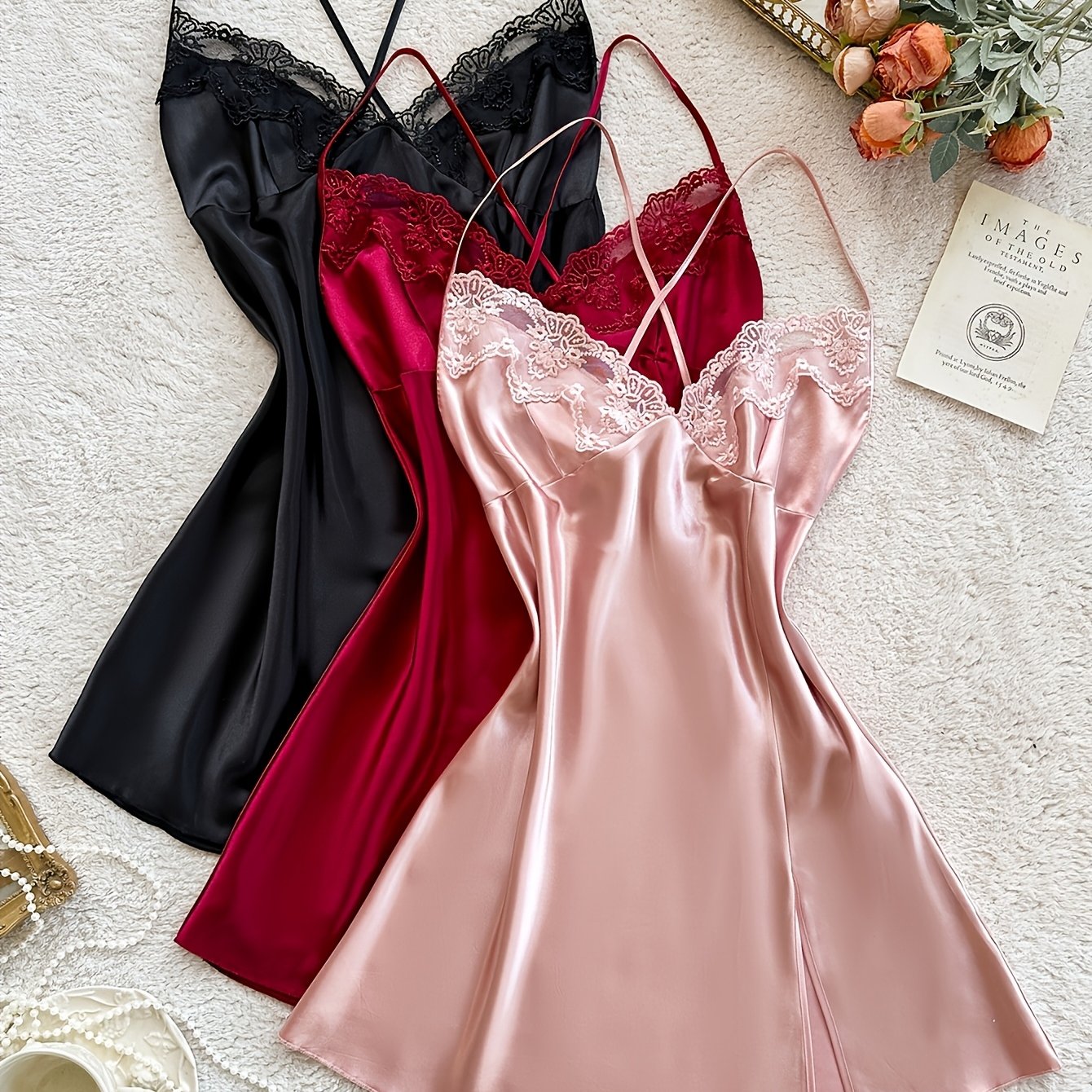 E-shop 3er Set V-Ausschnitt Rücken Kreuz Lace Patchwork Camisole Nachthemden
