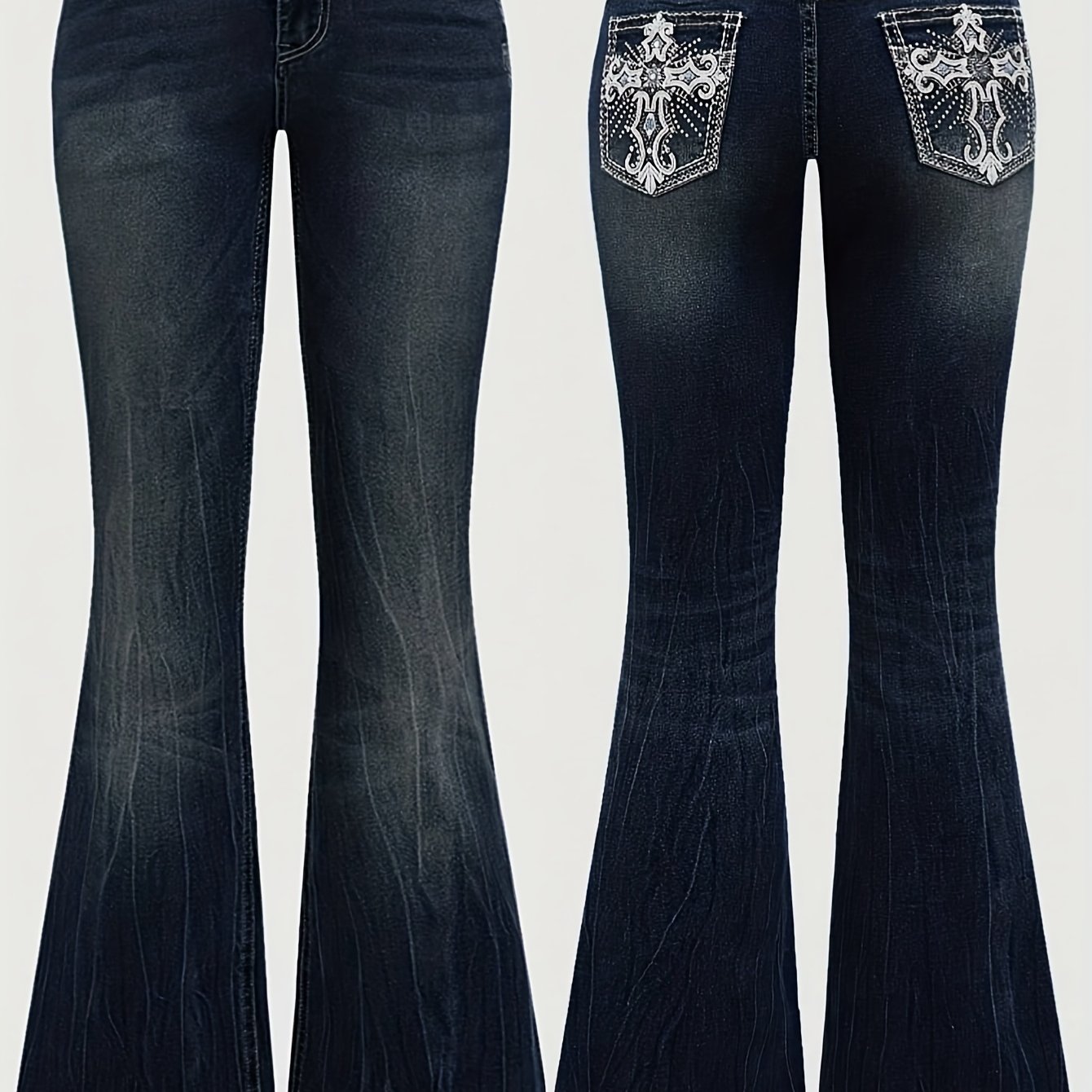 Image of Women's Elegant And Fashionable High-waisted Stretch Denim Flared Pants With Embroidered Rhinestones On The
