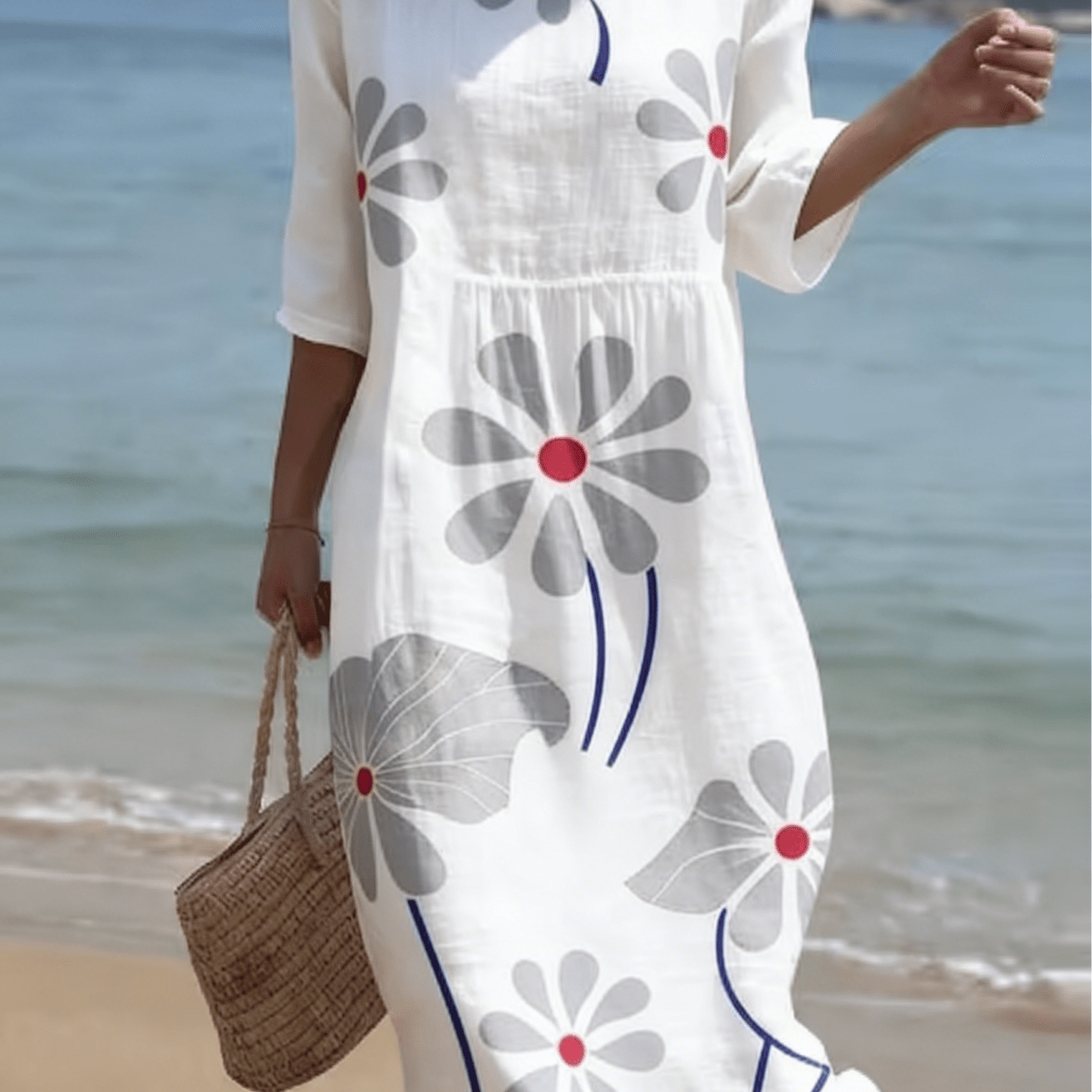 Image of Women's Casual Round Neck Mid-sleeve Printed Dress, Gray Red Daisy Floral Print Midi Dress, Summer Bohemian Beach Dress For Holiday Daily Wear