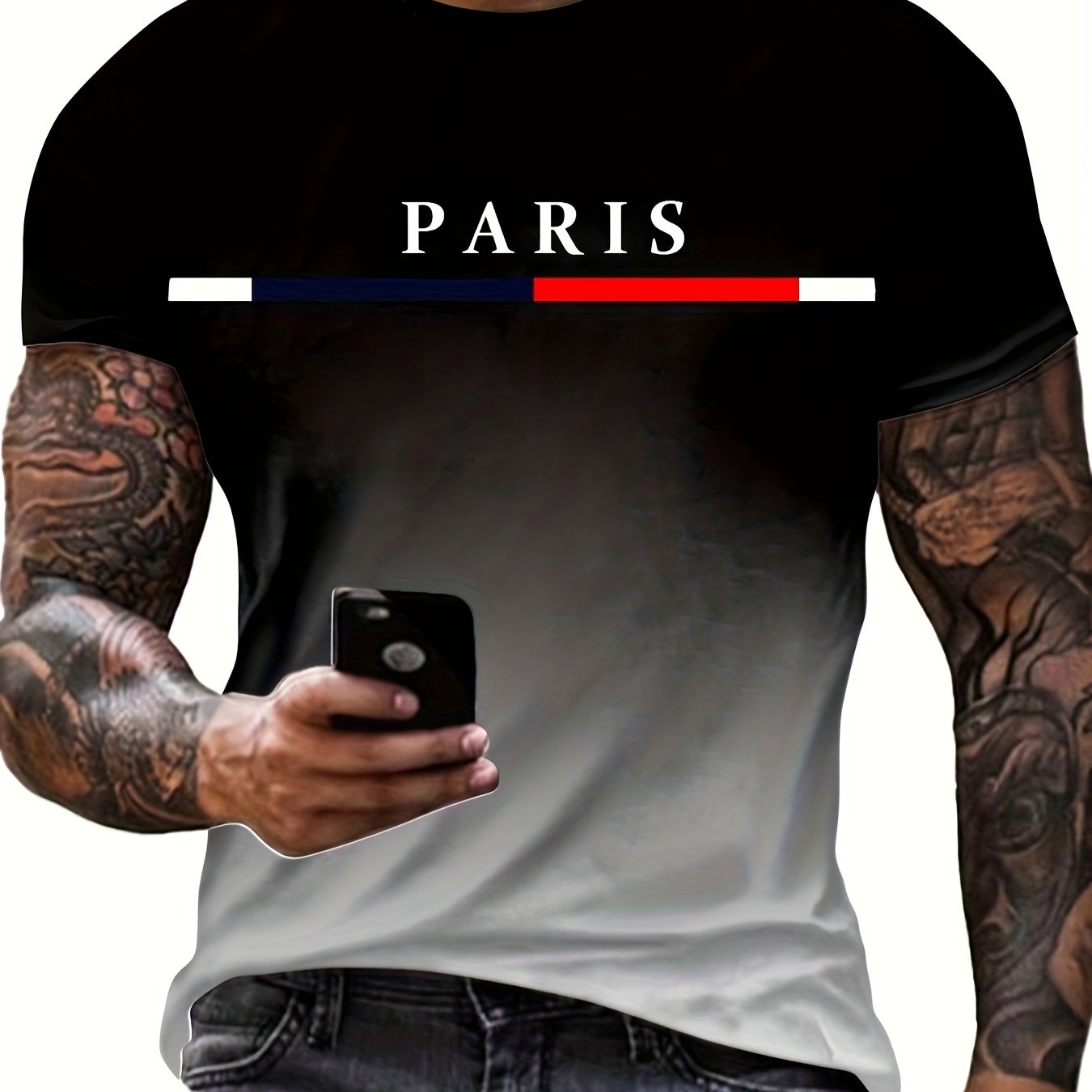 TEMU Men's Gradient Color Paris Graphic Print T-shirt, Casual Short Sleeve Crew Neck Tee, Men's Clothing For Summer Outdoor