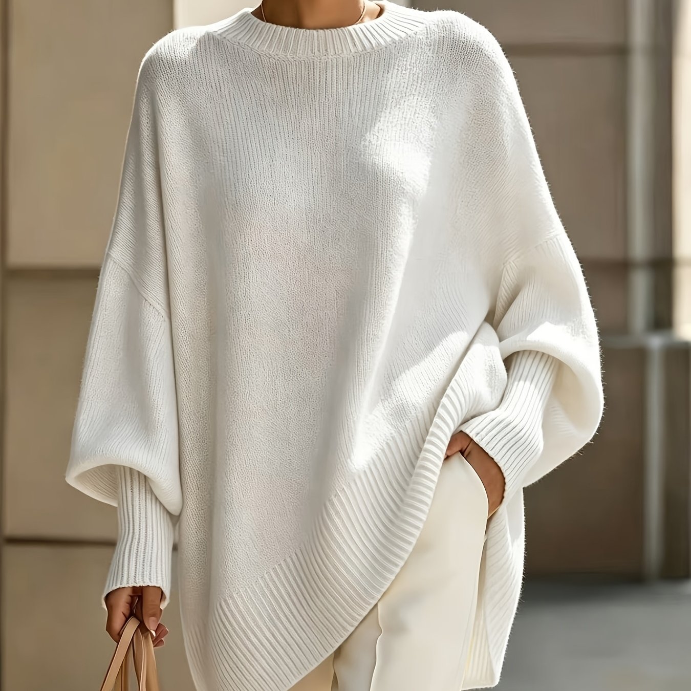 TEMU Women's Loose-fit Oversized Sweater, Slouchy Batwing Long-sleeve Pullover, Versatile Top For Daily , Streetwear, And Casual Wear