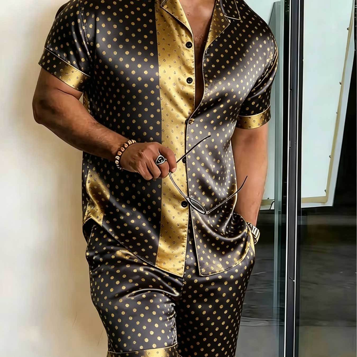 2pcs Set: Plus-size Men's Button- Short-sleeve Shirt And Shorts Set-breathable And Comfortable Perfect For And Occasions. Gift For , Plus Size