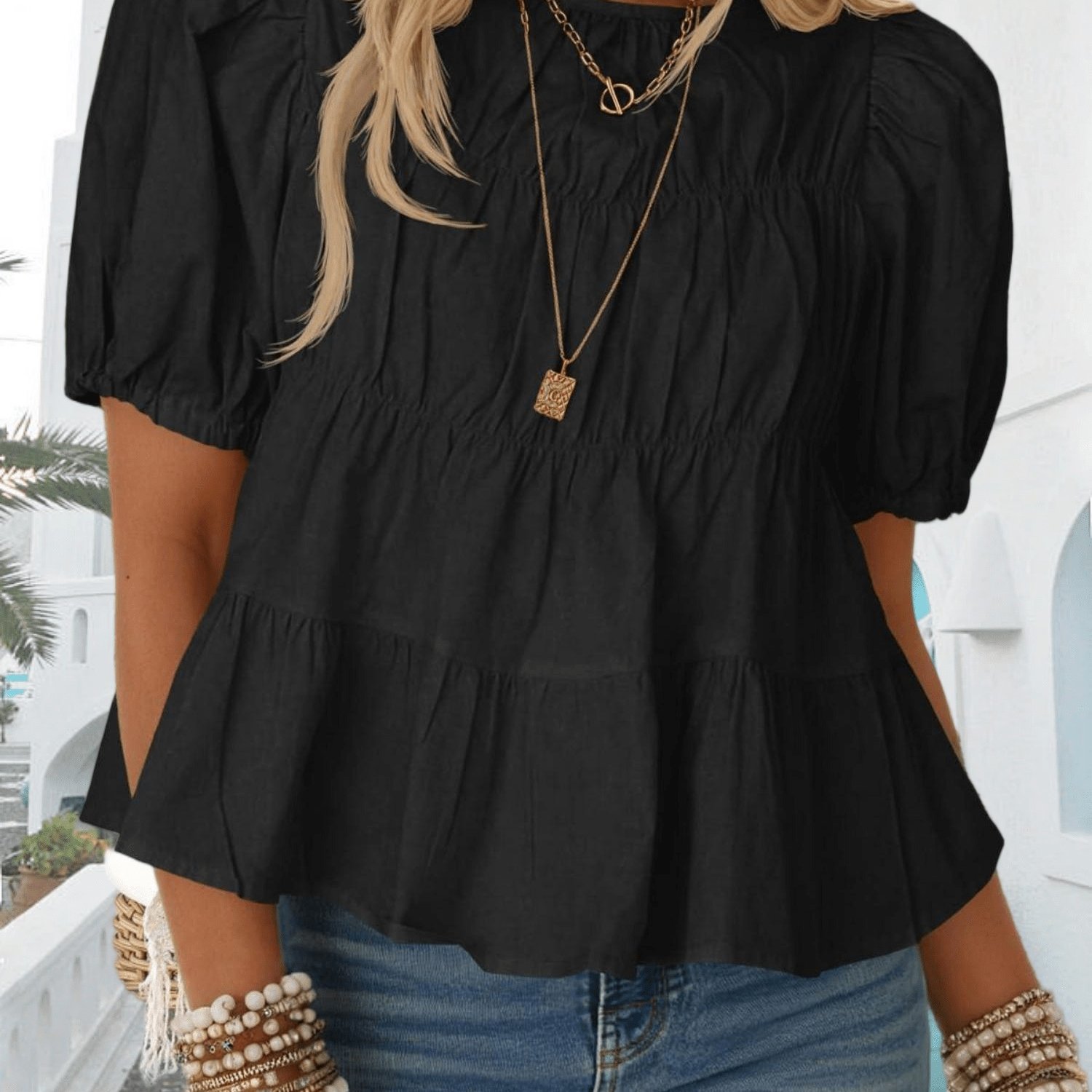 Image of Womens Smocked Puff Sleeve Peplum Babydoll Top Pleated Summer Casual Flowy Blouse