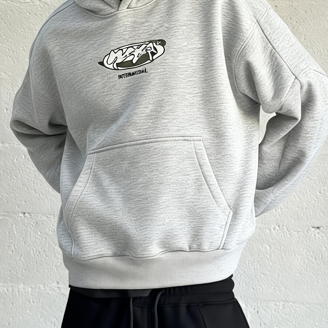 TEMU Unisex Street Style Hooded Shirt, Black, Light Gray Fleece Hooded Sweatshirt, , Letter Printing
