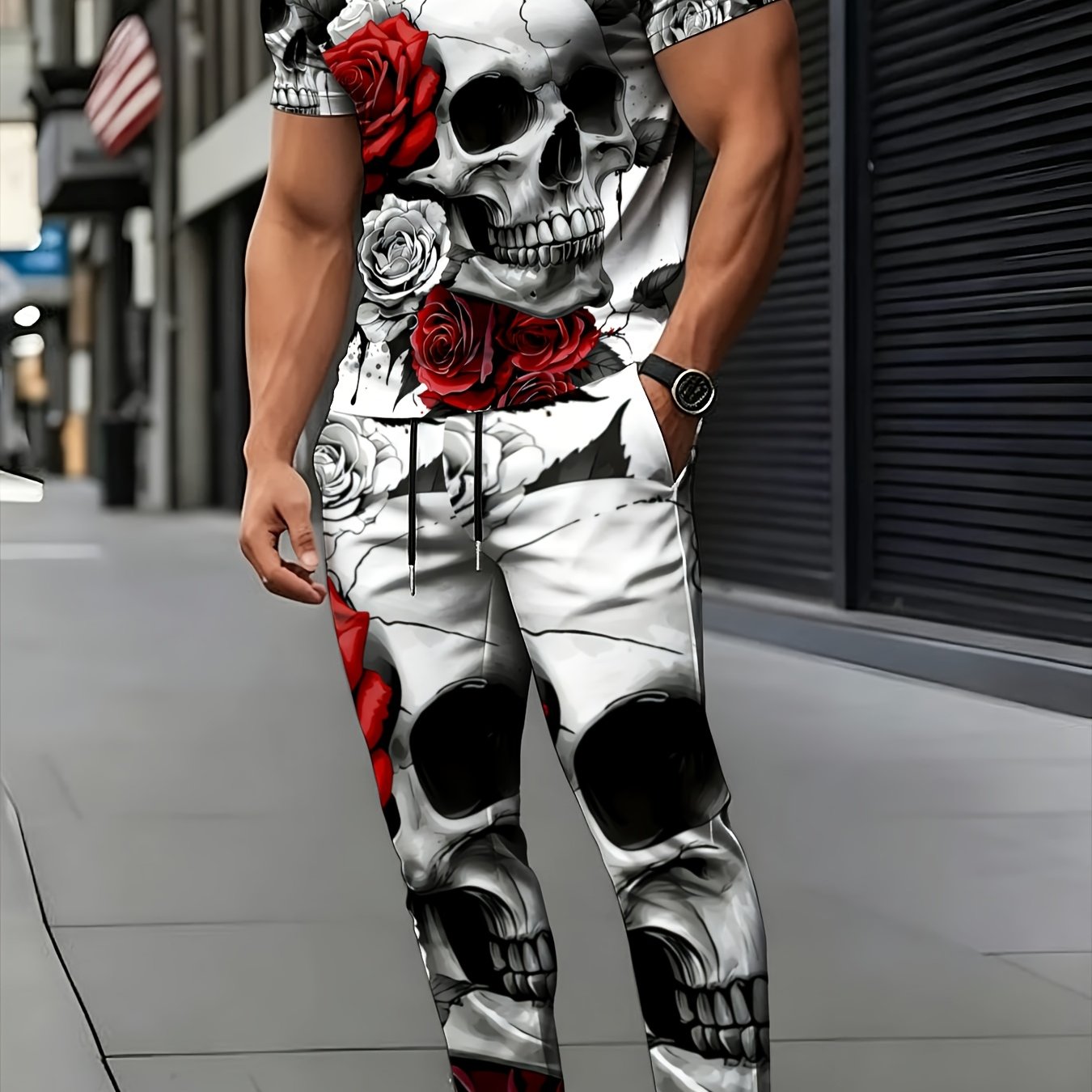 TEMU Men's Skull And Rose Set, Fashionable 2pcs Outfit With Top And Pants