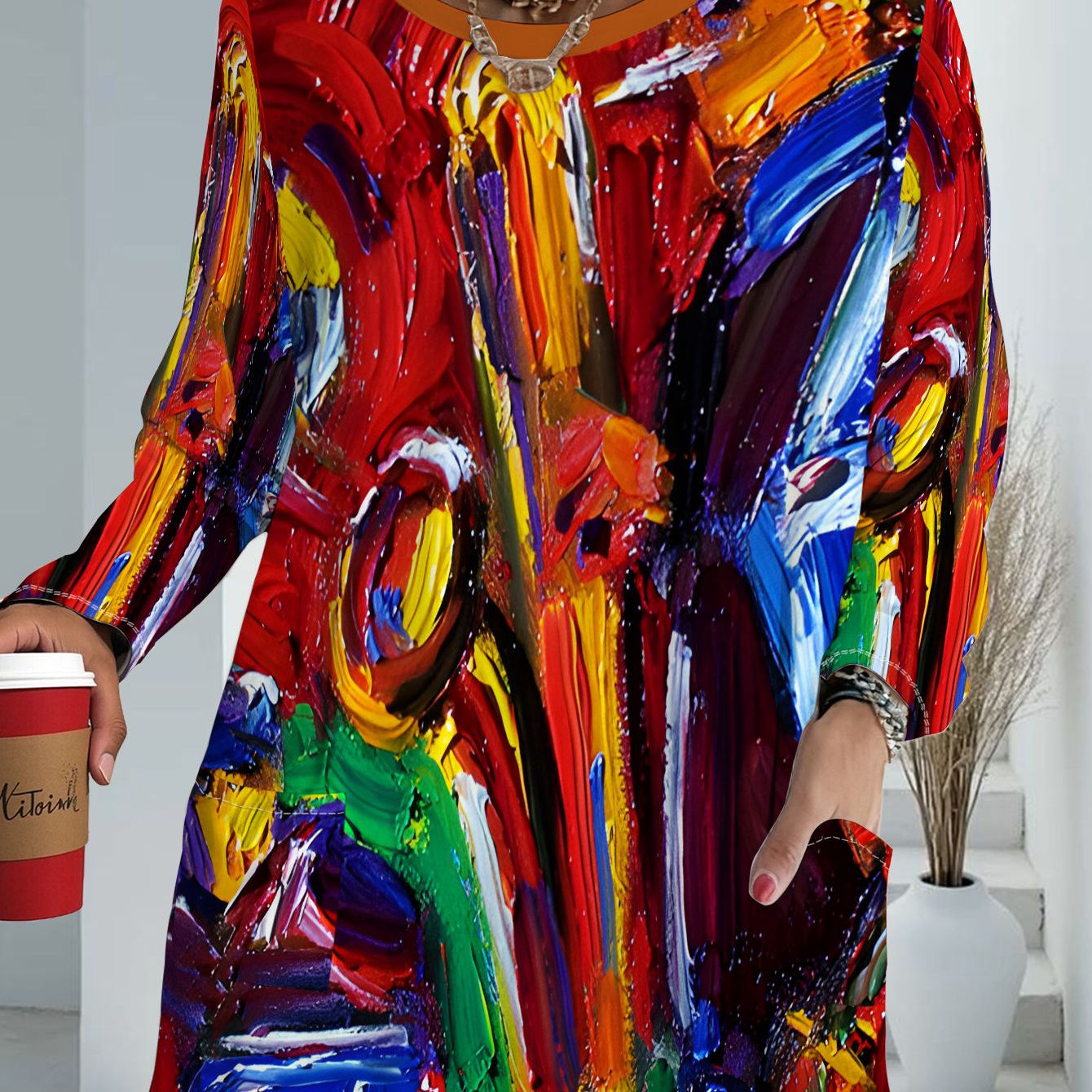 TEMU Women's Plus Size Abstract Oil Painting Style Loose Long Sleeve T-shirt, Fashionable Versatile Casual Outerwear, Summer Trendy Outfit Essential