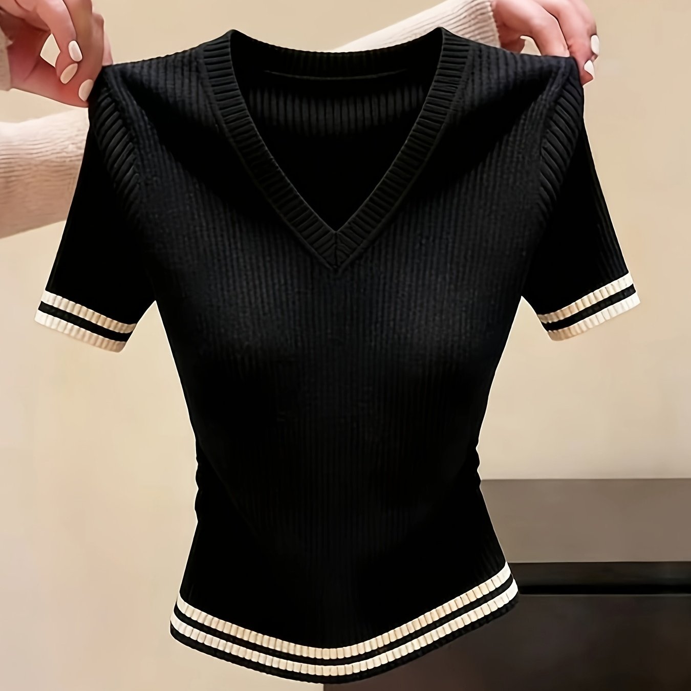 TEMU Women's Summer Short-sleeve Top, V-neck With Waist-defining Design, Regular Fit Sweater For Spring And Summer