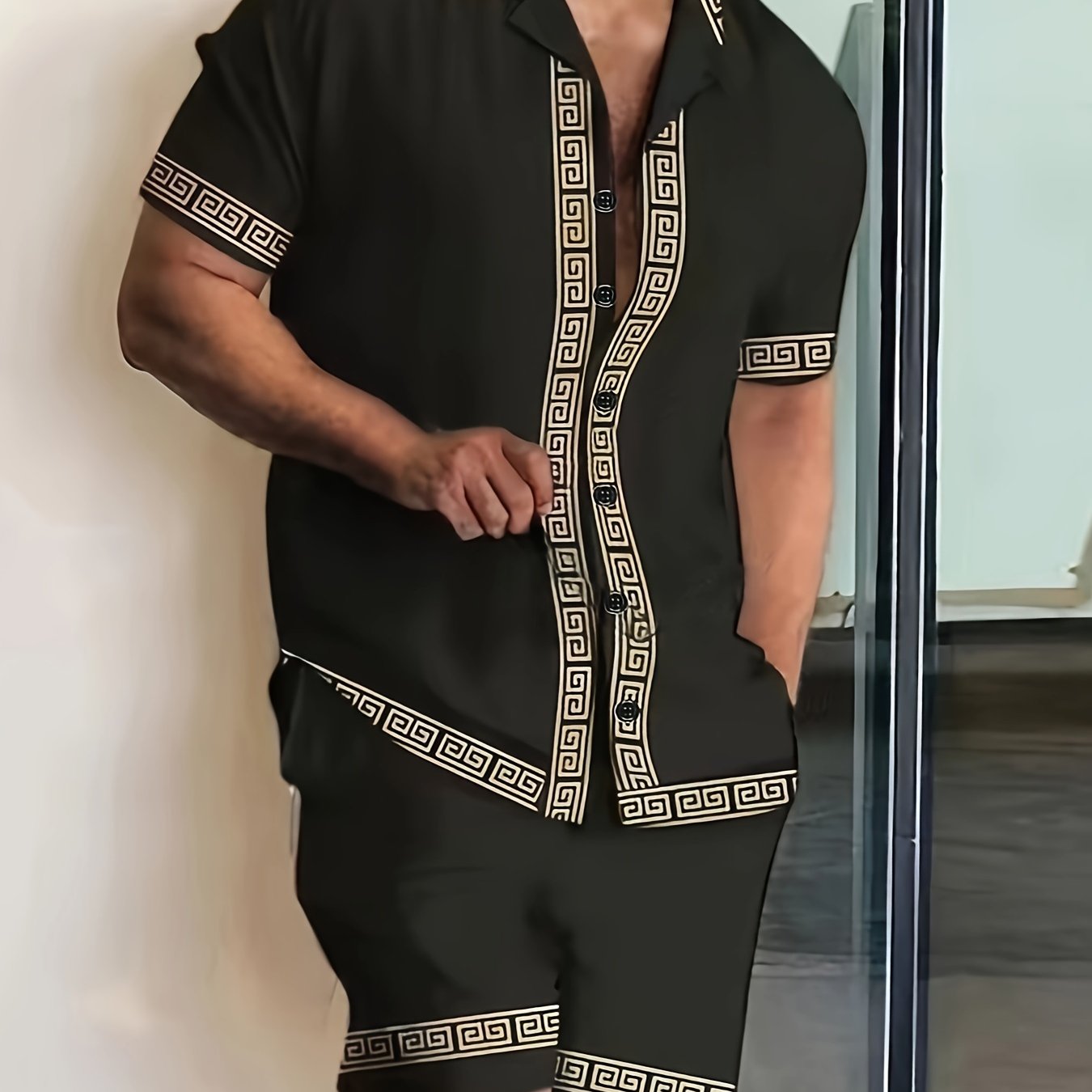 TEMU Vintage Style Men's Casual Short Sleeve Shirt And Shorts Suit With Geometric Pattern Shirt Black Two-piece Set