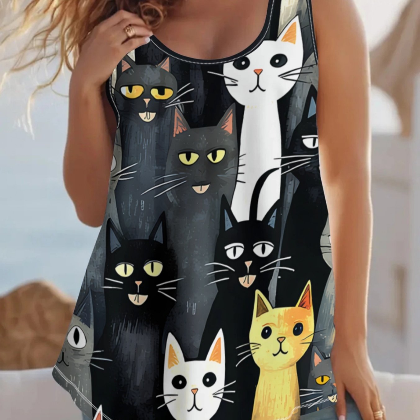 TEMU Plus Size, Women's Plus Size Hand-painted Cat Sleeveless Top - Loose Fit Stretch Tank Shirt With Full-body Kitten Print, Round Neck Casual Daily