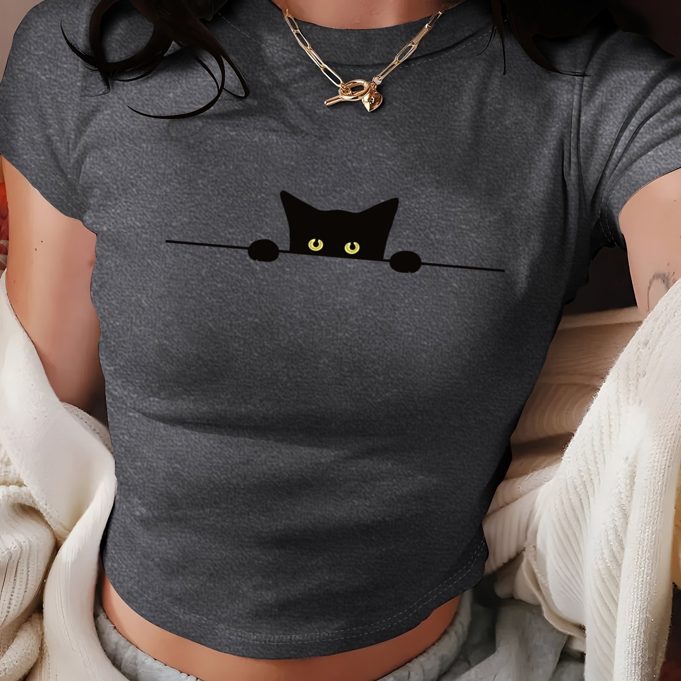 TEMU Y2k Style Women's Cropped Bodycon Top | Cute Cat Pattern Print, Pure Desire Korean Style For Summer | Round Neck Ultra-short Sleeve T-shirt,