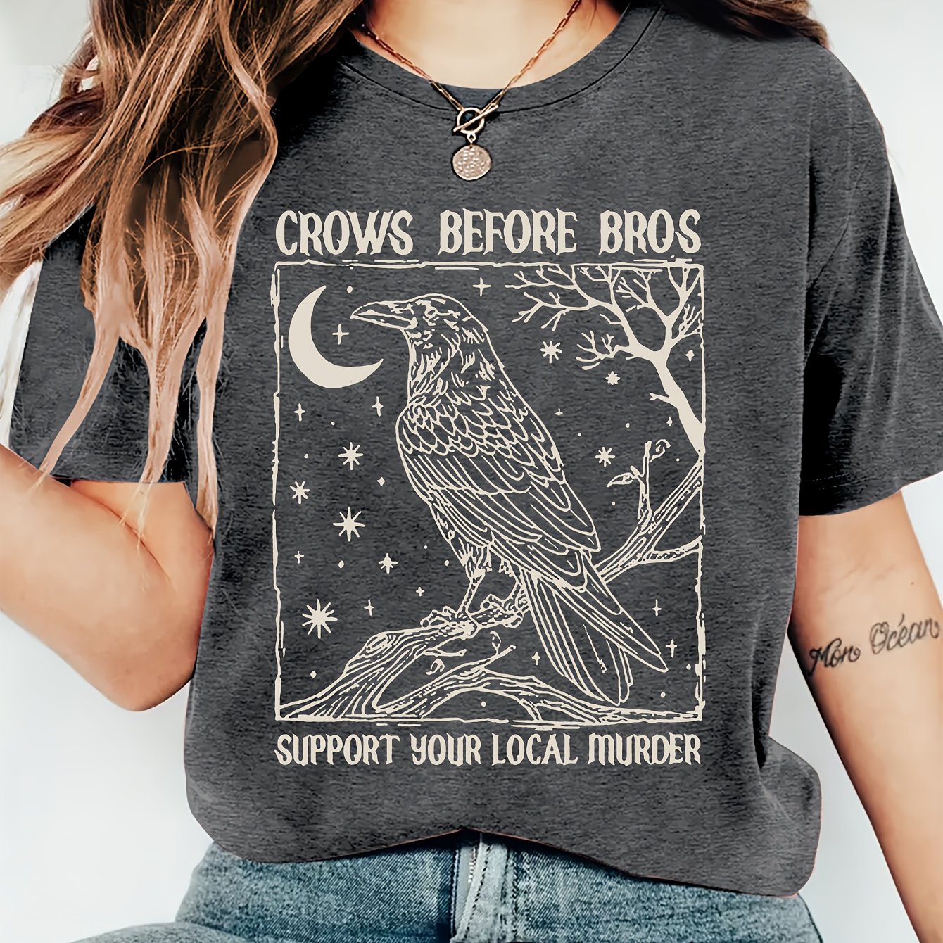 TEMU T-shirt d'été pour femmes avec imprimé corbeaux les frères, col rond | Confortable, doux, tendance, style vintage, toutes saisons, multicolore