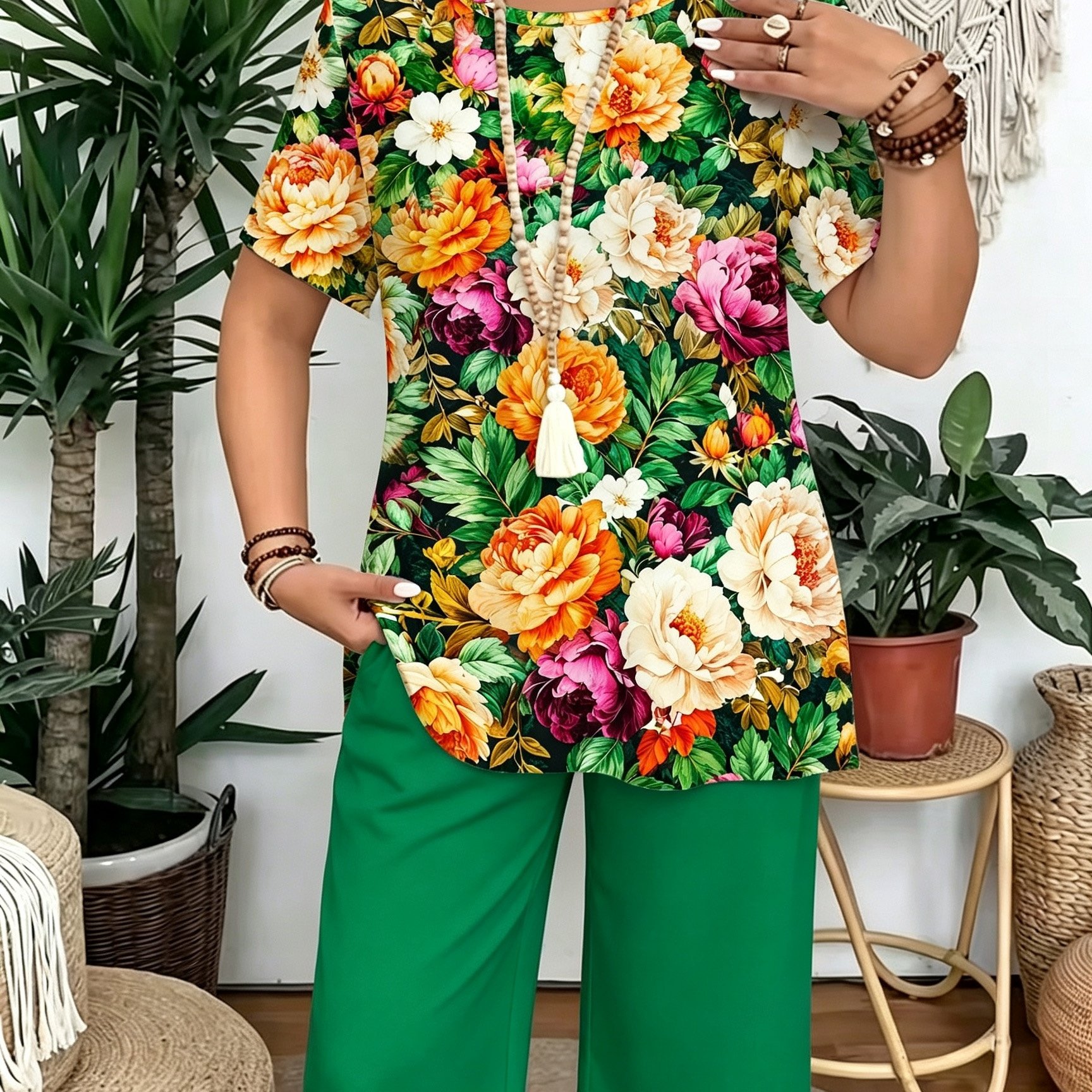 Image of Plus Size Women's Suit, Elegant And Stylish Round Neck T-shirt, Colorful Plant And Flower Print Two-piece Set, Suitable For Home, Travel, Parties, And Vacations