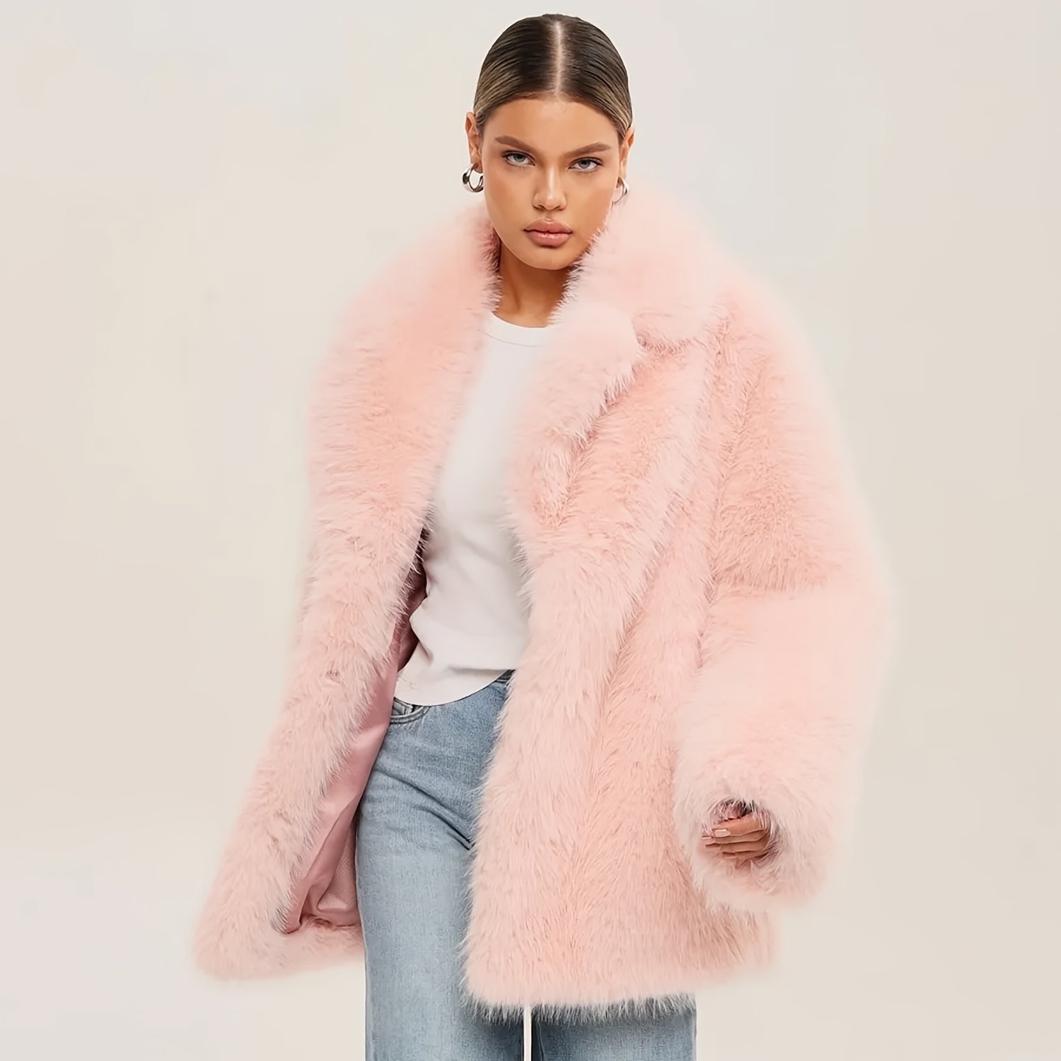TEMU Pink Loose Fit Winter For Women, Warm Overcoat, Slouchy Style, Top