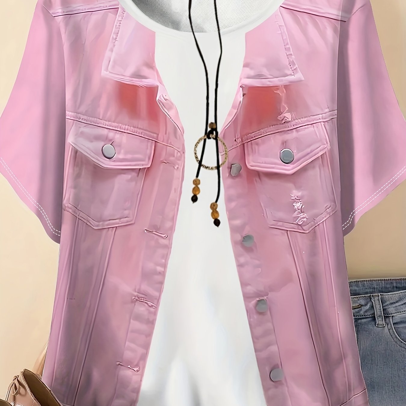 Plus Size, [printed Pants - Not Denim Fabric] Plus Size Casual Vacation Comfortable And Elegant Style Denim 2pcs Element Printed Pattern Women's Round Neck Short-sleeve T-shirt