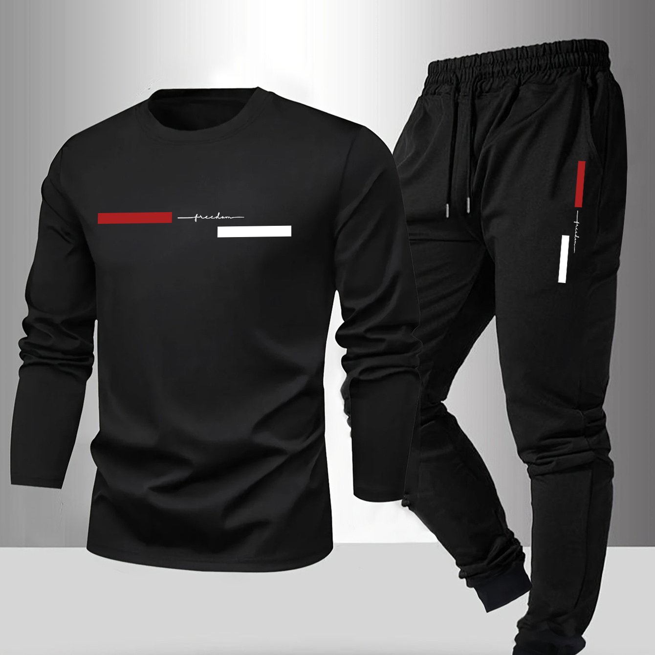 TEMU Polyester Fiber Crew Neck Comfortable T-shirt And Long Pants Set, Men's Casual Long Sleeves, Drawstring Comfortable Casual Long Pants, For Daily