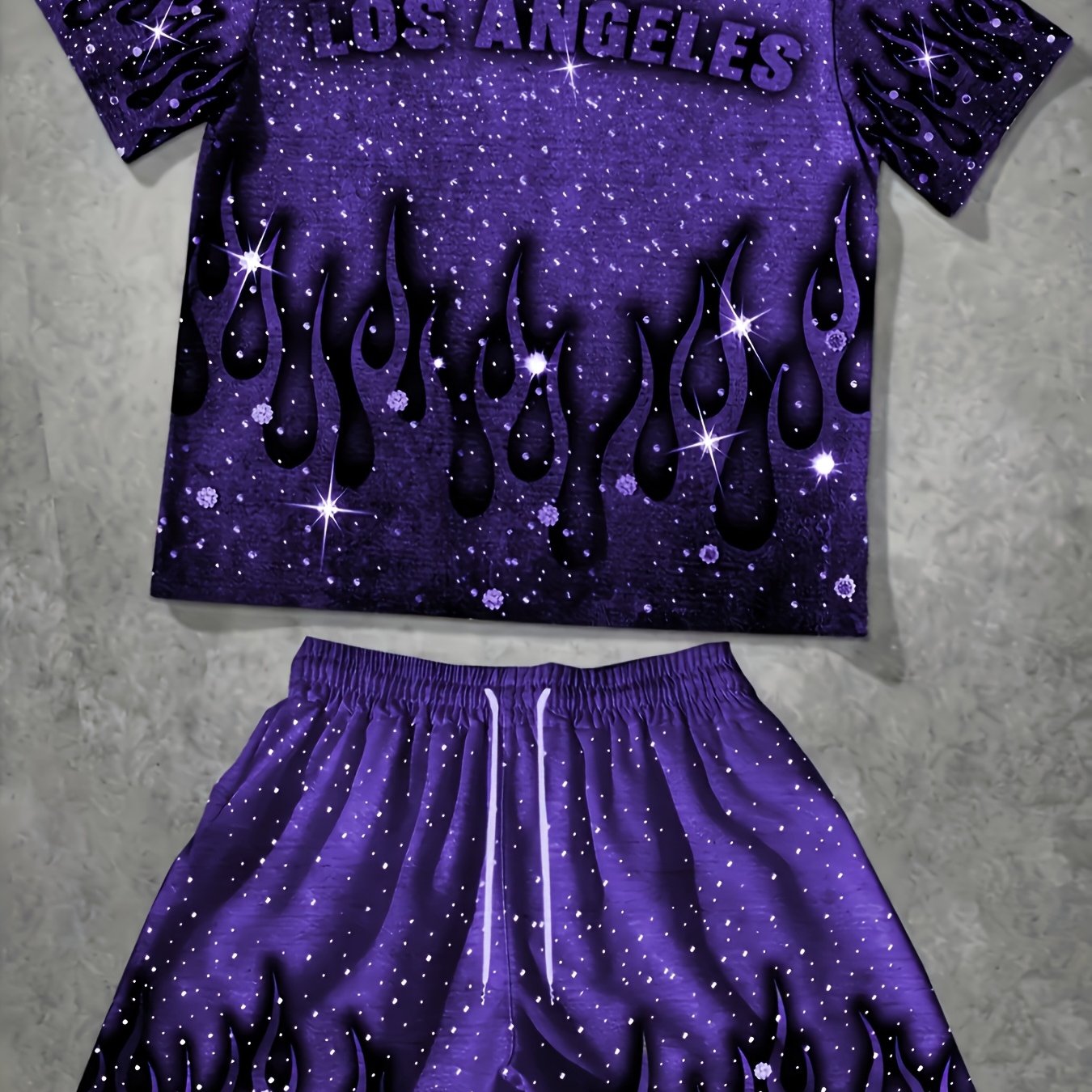 TEMU Men's Street Style Glitter Starry Sky Flame Print Los Angeles Short Sleeve Drawstring Shorts 2pcs Set, Regular Fit, Casual [printed Design - Not