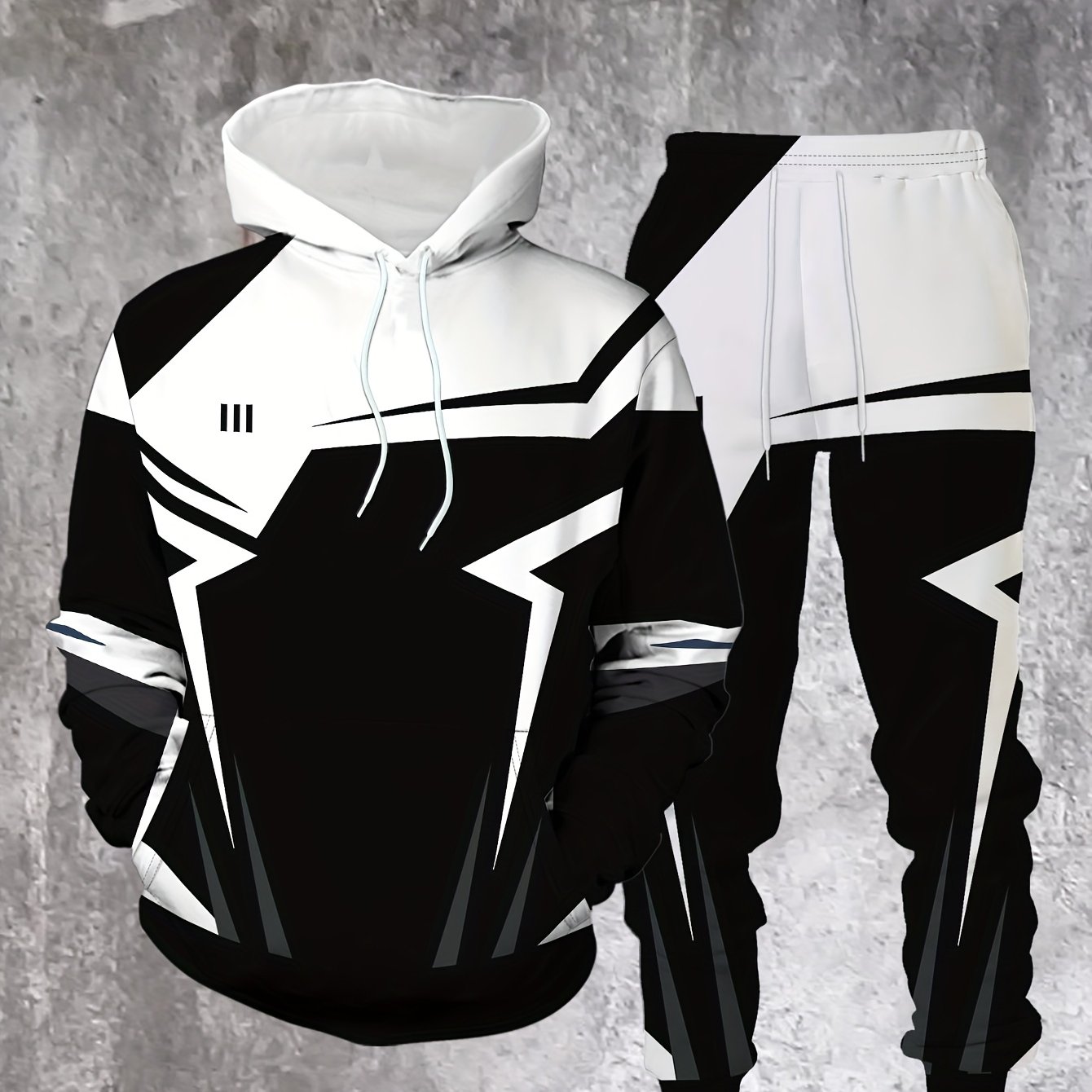 TEMU Men's Trendy Black And White Geometric Hoodie Set, Featuring A Unique Street Style For Casual Sportswear