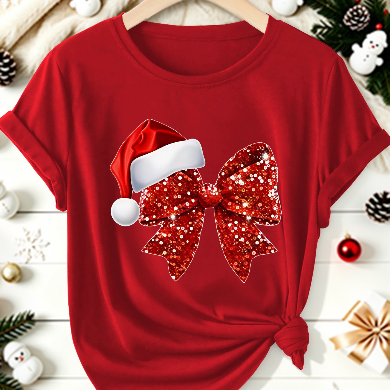 TEMU de Noël | Robe une pièce à manches courtes grande taille pour femmes | Imprimé nœud chapeau de Père Noël rouge | collection automne-été 2026