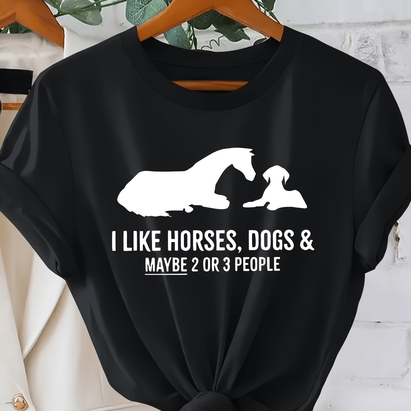 TEMU Women's Vintage Horse & Dog Lover T-shirt - Retro Blouse Style Short Sleeve Round Neck Top With "i Like Horses Dogs & 2 Or 3 People" Print,