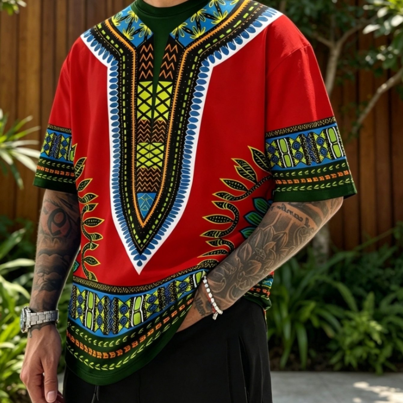 TEMU [print Design-not Textured] 2026 New Premium African Traditional Print Short Sleeve, Individual Plus Size Men's Loose Top