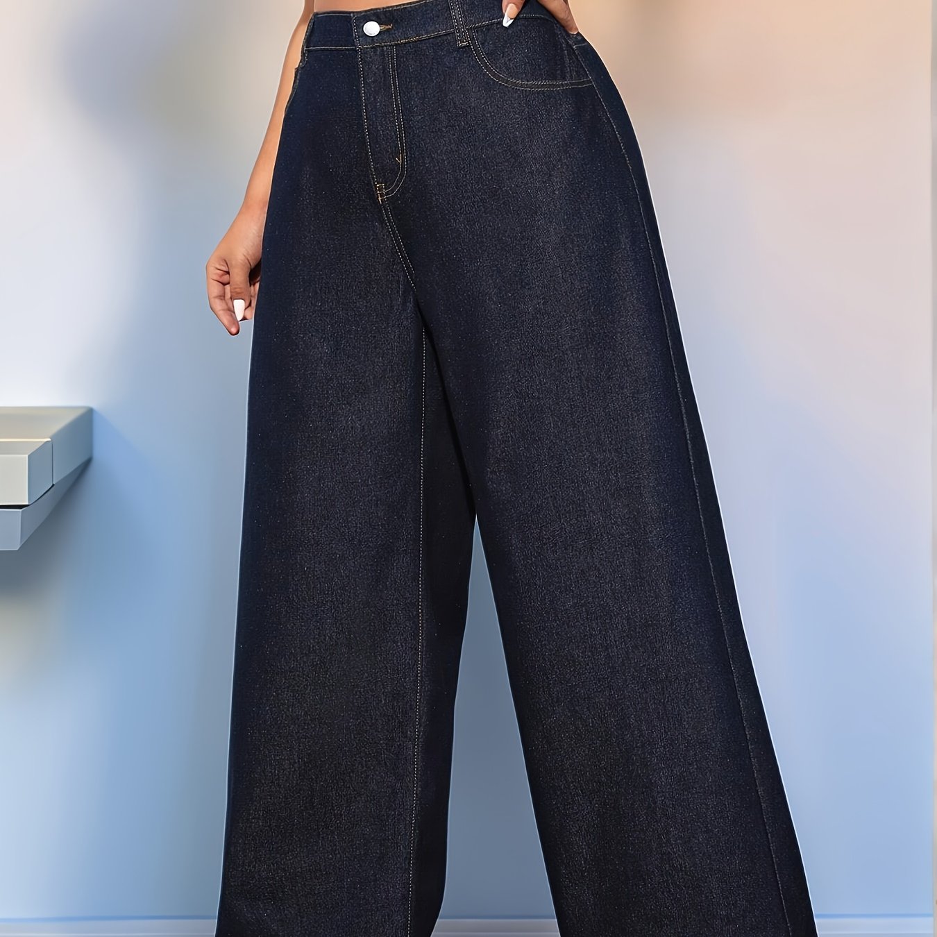 Plus Size Jeans For Women Wide Leg Washed Stretch With Pockets Palazzo Pants