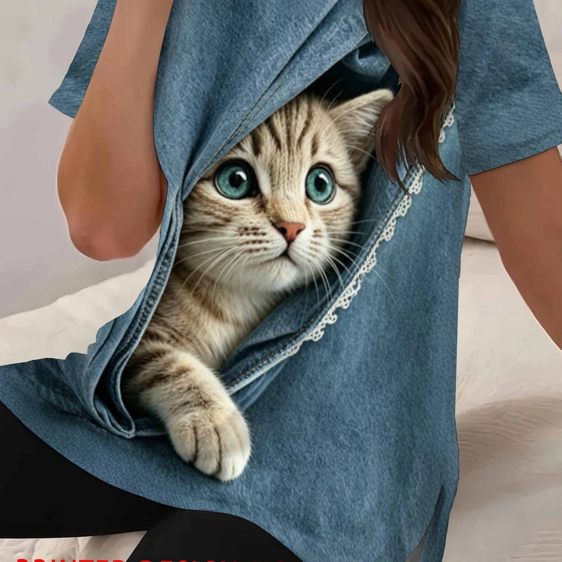 TEMU Plus Size Women No Texture 2d Print Denim Fabric Effect Cat Print Split Hem T Shirt