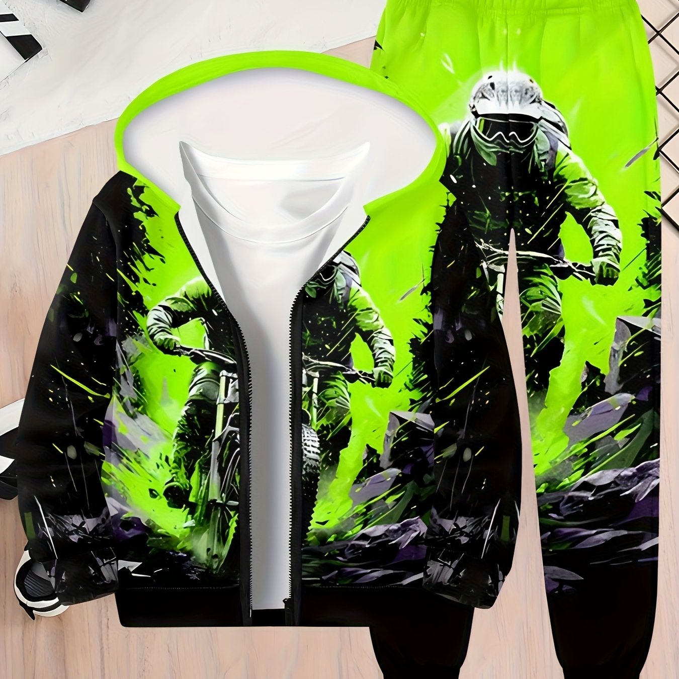TEMU Boys' Fashionable 3d Printed -road Motorcycle Pattern, Casual Zipper Cardigan Spring Autumn Long Sleeved Sportswear And Pants Set, Boys' Outdoor
