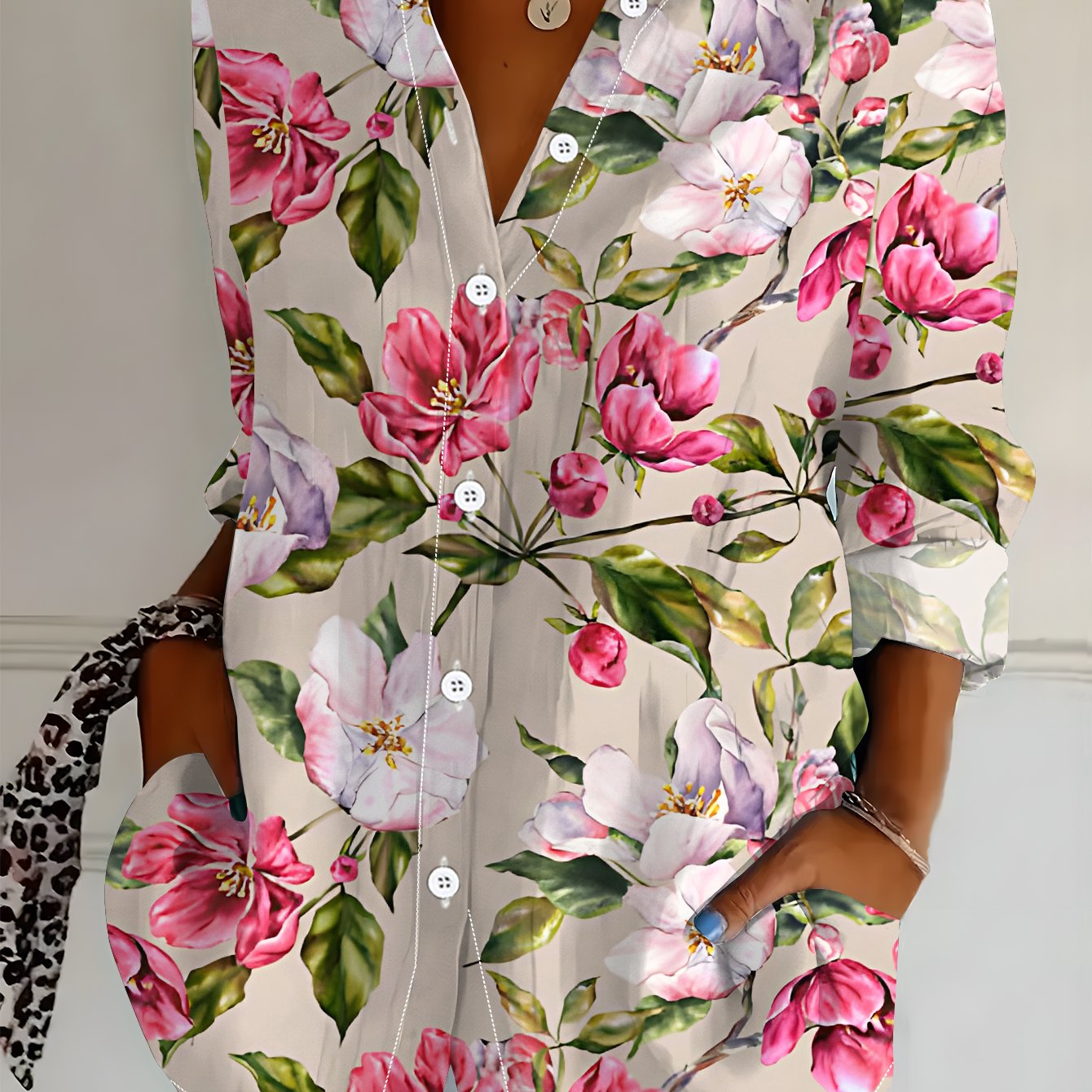 TEMU Plus Size Women's Long Sleeve Shirt, Floral Shirt, Pink And White Flower Pattern Mid-length Blouse, Light Beige Printed Relaxed Shirt, Soft