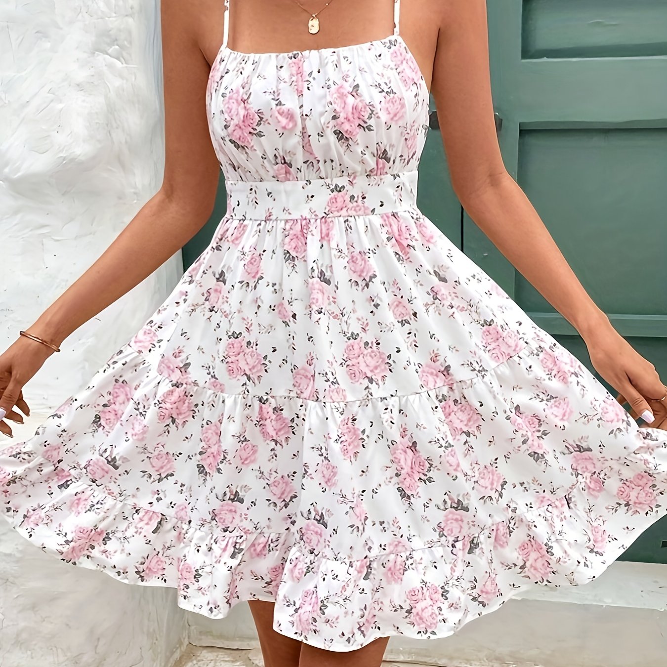 Floral Print Spaghetti Strap Dress 525
