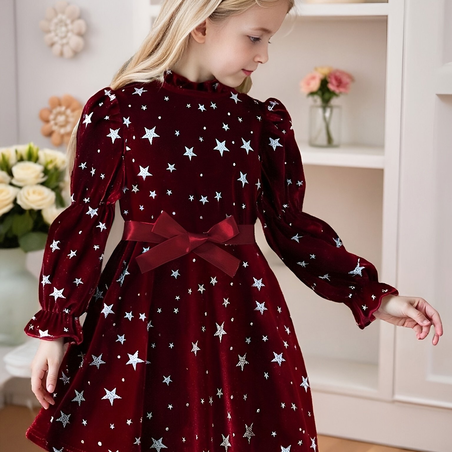 Image of Girls' Korean Plush Round Neck Long Sleeve Waist-cinching Dress With Belt, Casual Wear, Outdoor Leisure, Christmas Party, Banquet, Spring/summer Style, New Year Style