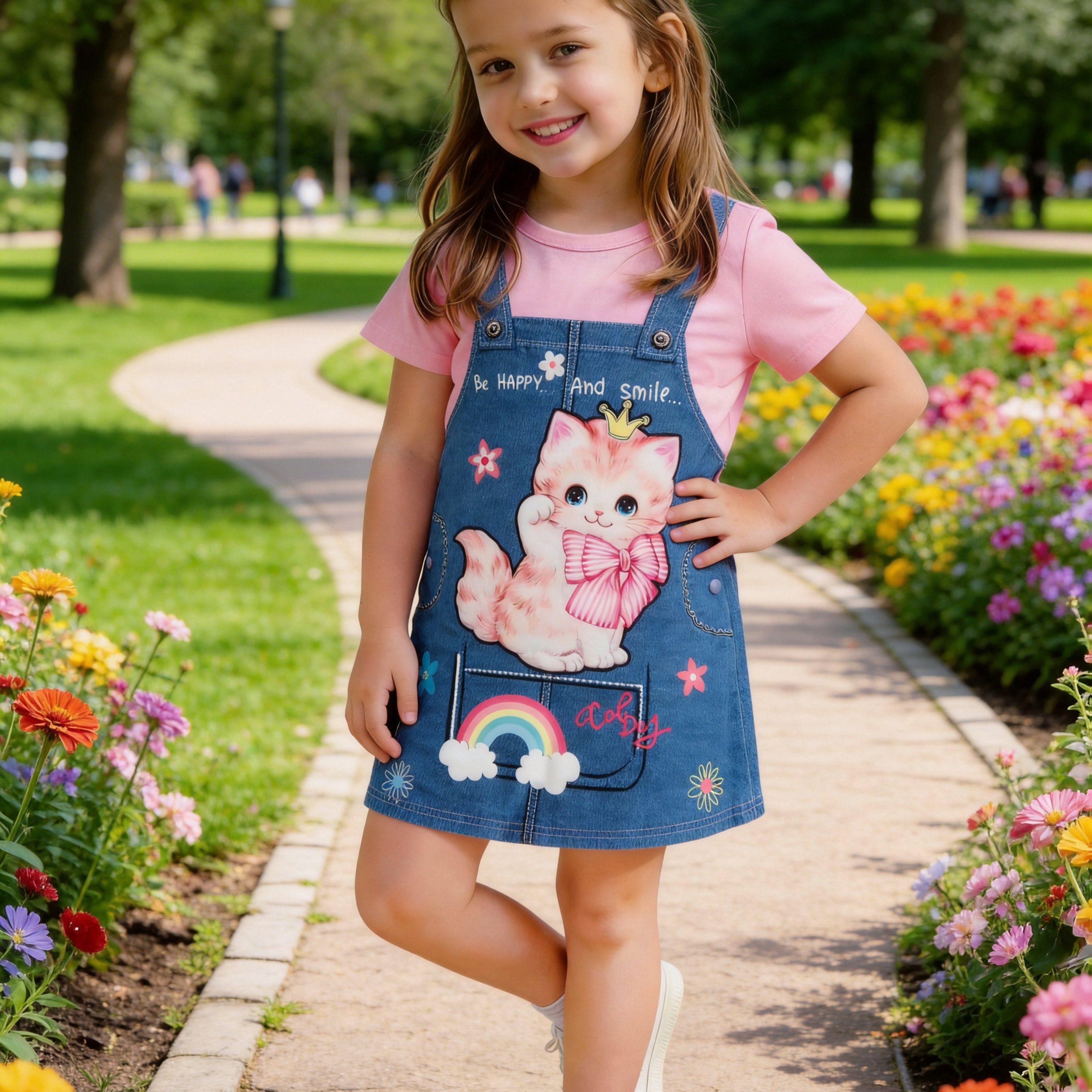 Cute Kitten Bow Denim-like Print Pinafore Dress, Perfect For Outdoor, Gift For Little Princess