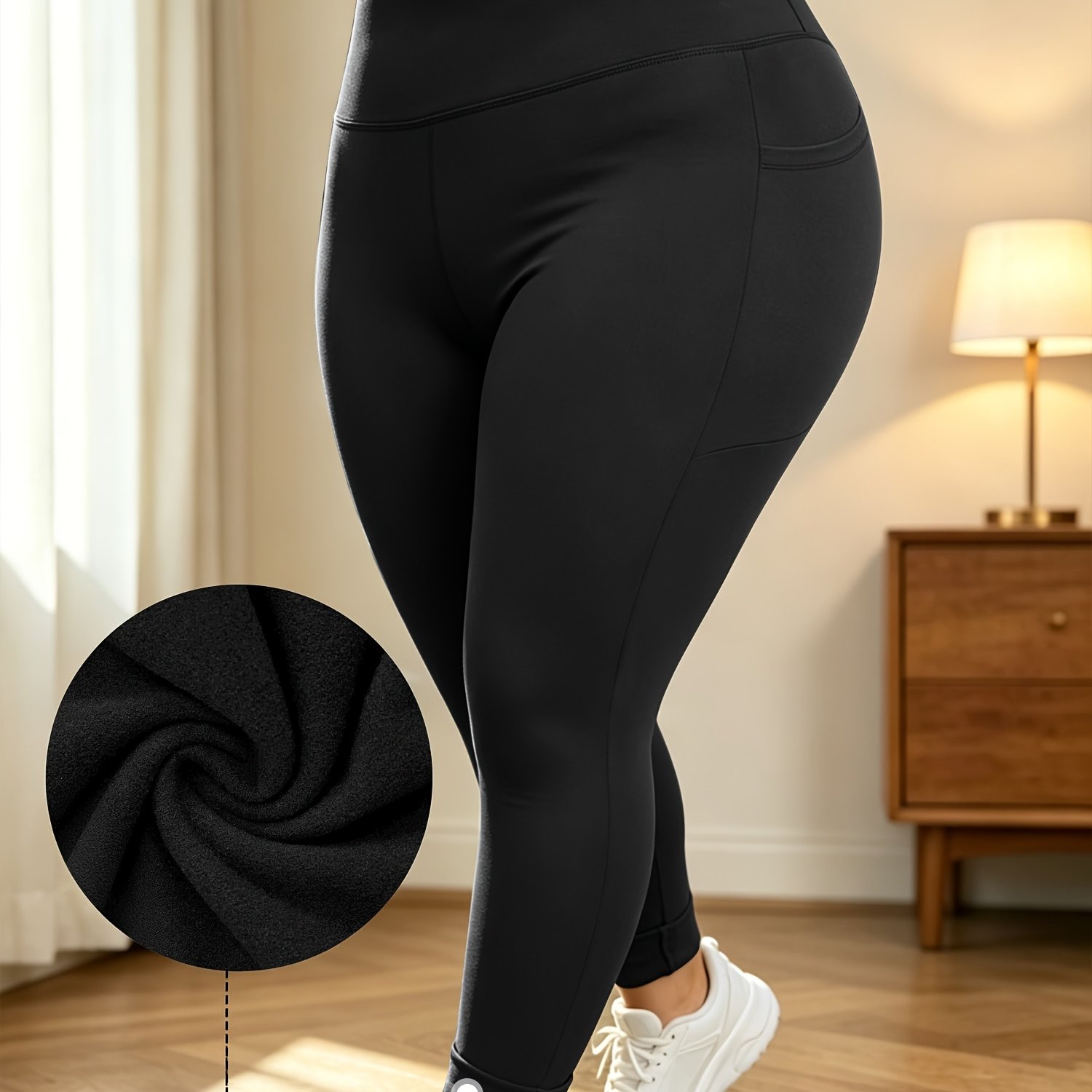 TEMU Plus Size, Women's Plus-size -lined High-waist Tummy Control Ankle-length Pants - Thermal Leggings With Pockets, Suitable For,,, , Machine