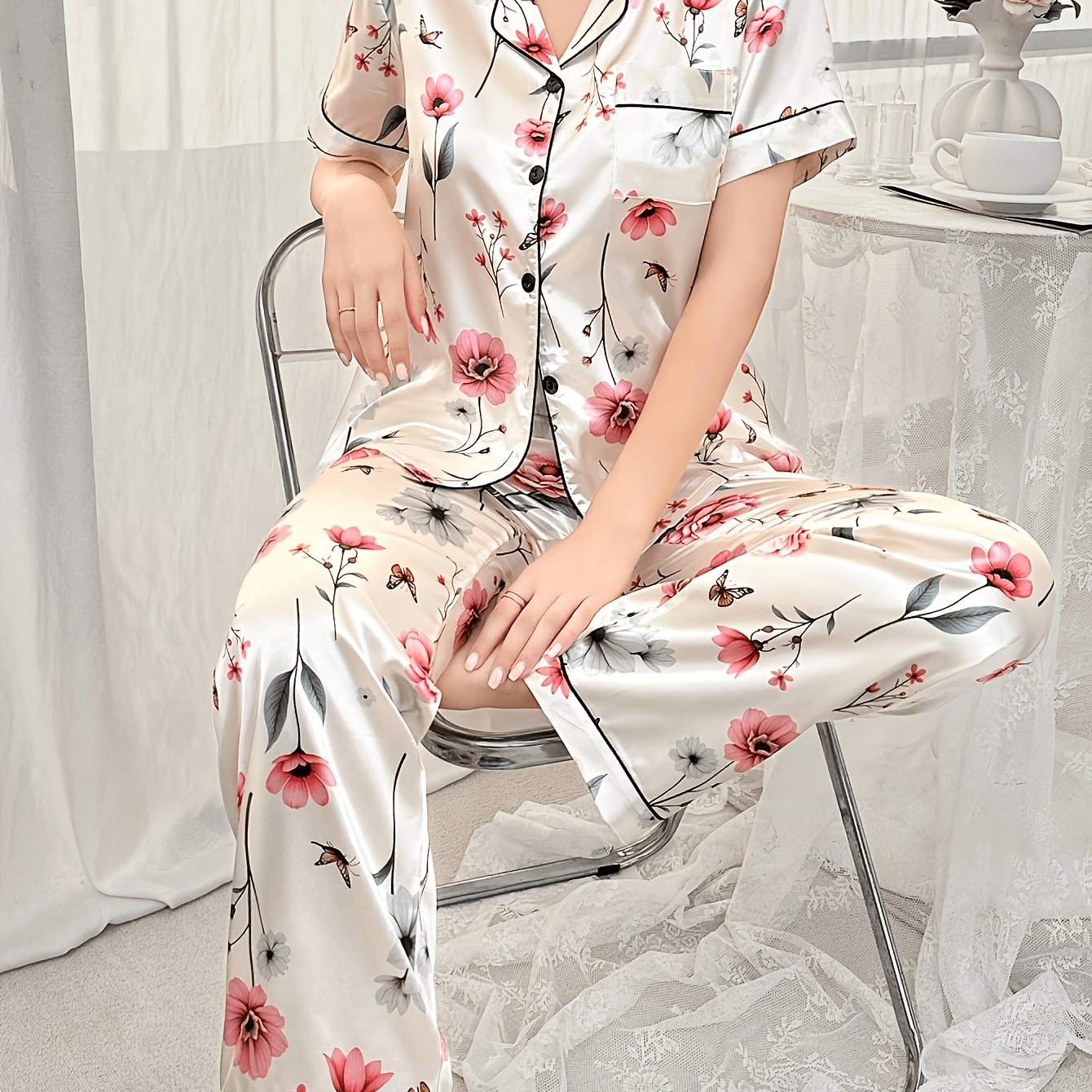 TEMU Women's 2pcs Y-like Floral Print Pajama Set, Featuring A Pocket-equipped Casual And Comfortable Floral Print Short-sleeved Top And Long Pants, A