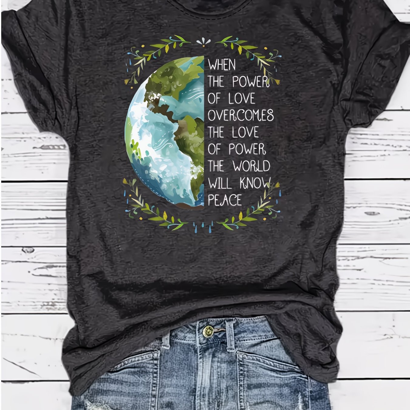 TEMU A Casual Women's T-shirt Featuring A Round Neck And Short Sleeves, Showcasing A Print With Themes , Love, Power, And Peace. Machine Washable And