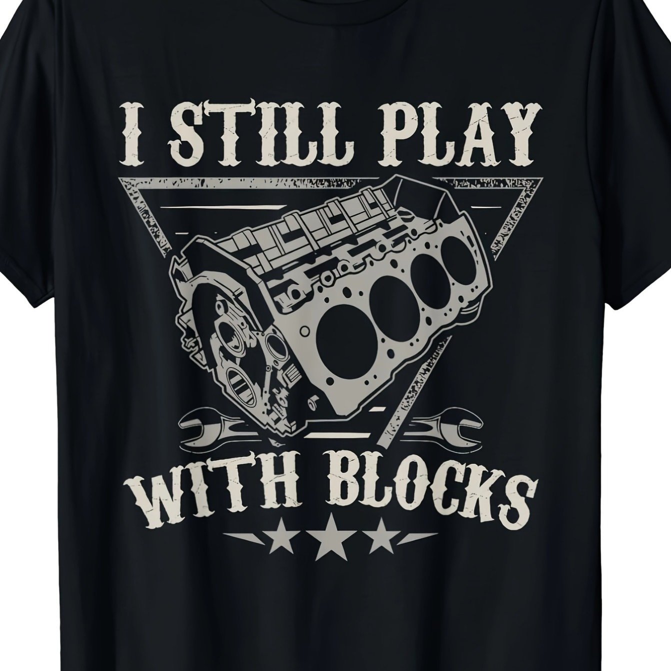 TEMU Fun Car T-shirt - Men's Graphic Tee With Humorous " Play With Blocks" Design, Motor Engine Theme, Short Sleeve, Casual Wear - Unique Gift For Car Mechanic Lovers