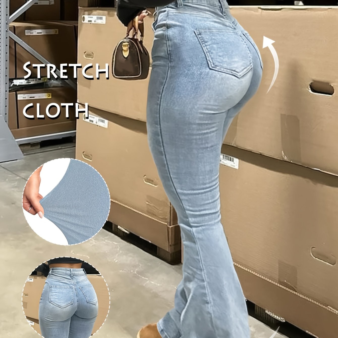 Women's High-waist Stretch Flare Jeans | Street Style Fit With Slash Pockets, Light Blue Denim Bell Bottoms, Machine Washable & Versatile For , High Waisted, Formfitting Silhouette