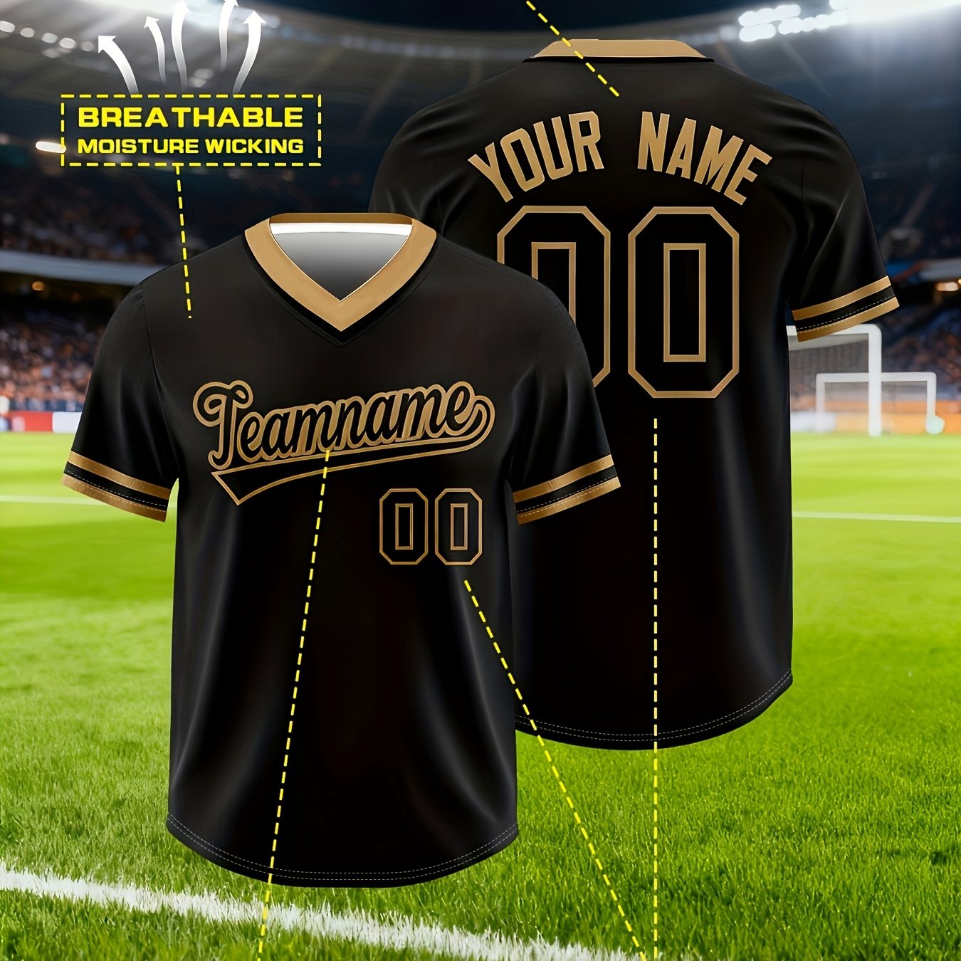 TEMU Trendy Black And Golden Custom Baseball Jersey, Personalized With Name, Team Name, And Number. Fashionable And Stylish, Apparel For Sports Fans.