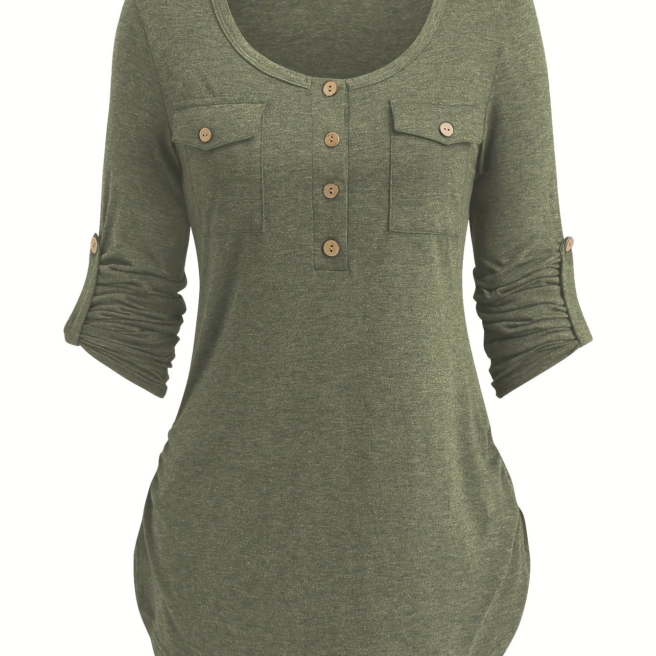 A Lovely Long-sleeve Button-up Shirt For Women, Featuring A Round Neck And Solid Color, Perfect For Spring And Autumn, With Pockets