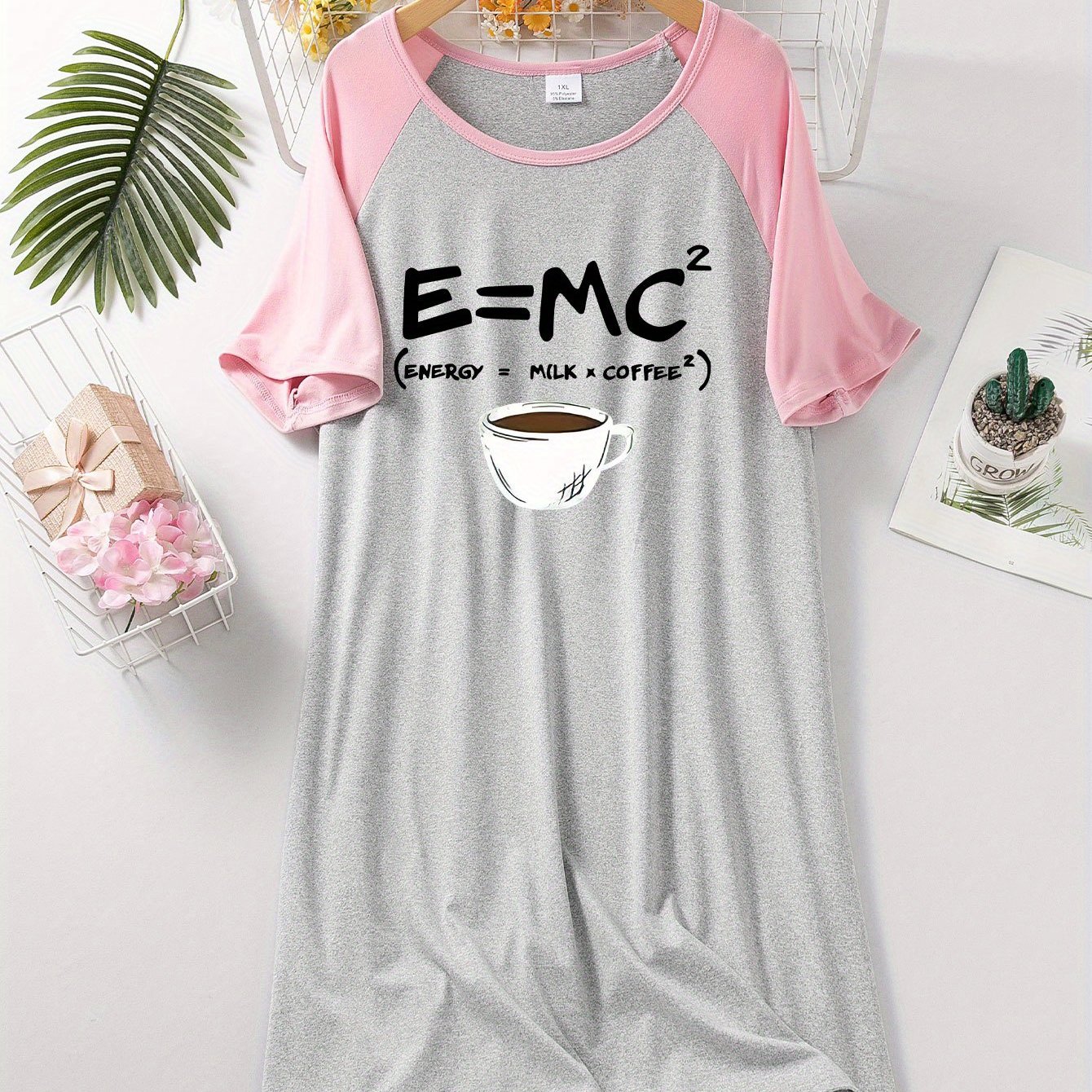 TEMU Women's Plus Size Sleepshirt Nightdress - Soft Stretchy Lounge Dress With Funny Physics & Coffee Cup Graphic, Light Grey Relaxed Dress For Home,