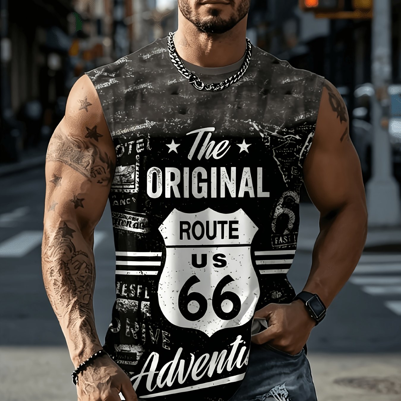 TEMU [printed Design - Not Textured] 2026 New Summer Street Motorcycle Style Sleeveless Vest, Trendy , Suitable For Home, Outdoors, And Versatile