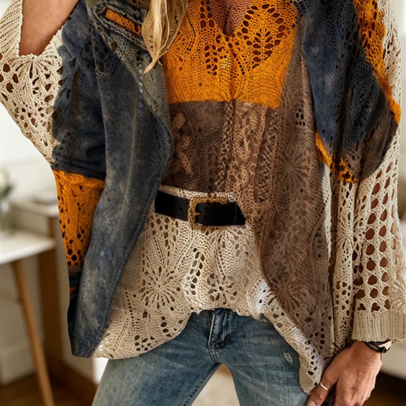 TEMU Women' Mustard Yellow Batwing Sweater - V-neck Openwork Pullover With Denim & Cable Print, Loose Batwing Sleeve -compatible For Casual Resort