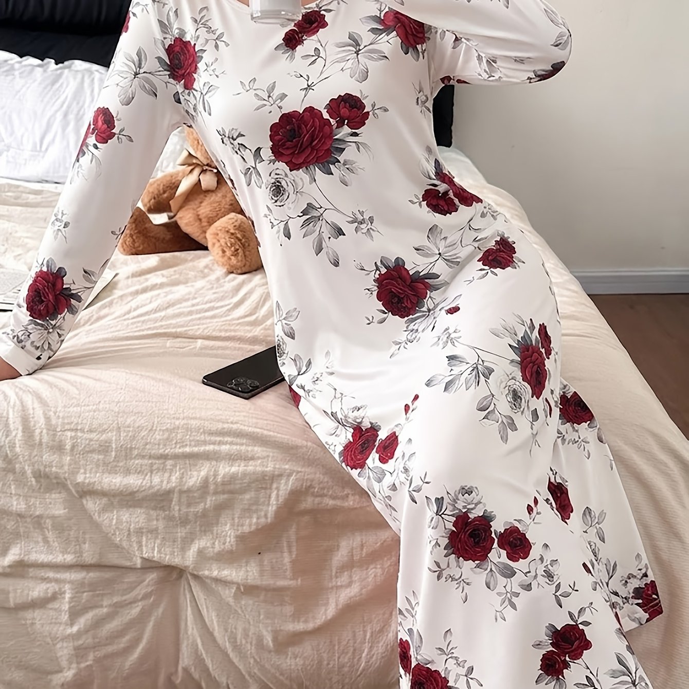 TEMU Women's Fashion Trendy Printed Comfortable Easy Long Sleeve Nightgown, Round Neck, Soft Women's Nightdress, Suitable For Parties, Fall Wear,