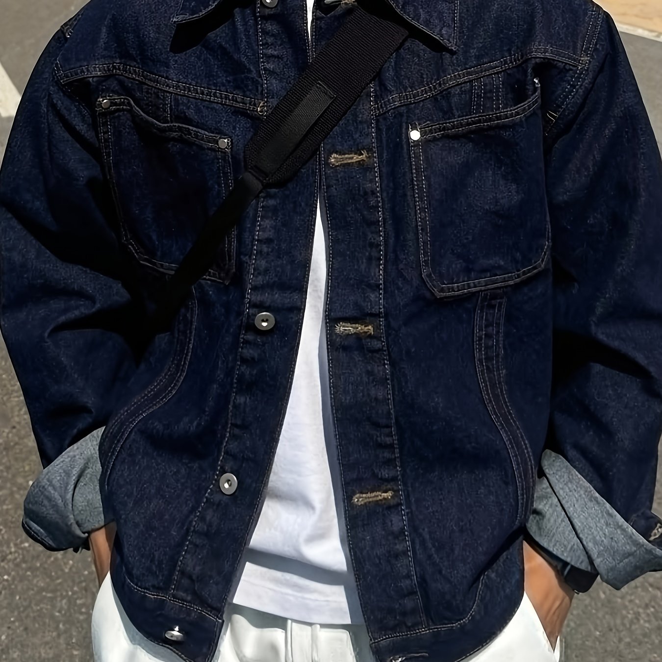 TEMU [hme]men's Denim Jacket Classic Washed Dark Blue, Relaxed Slouchy Fit, Patch Pockets With Rivet Accents. Button-front Closure, A Must-have For