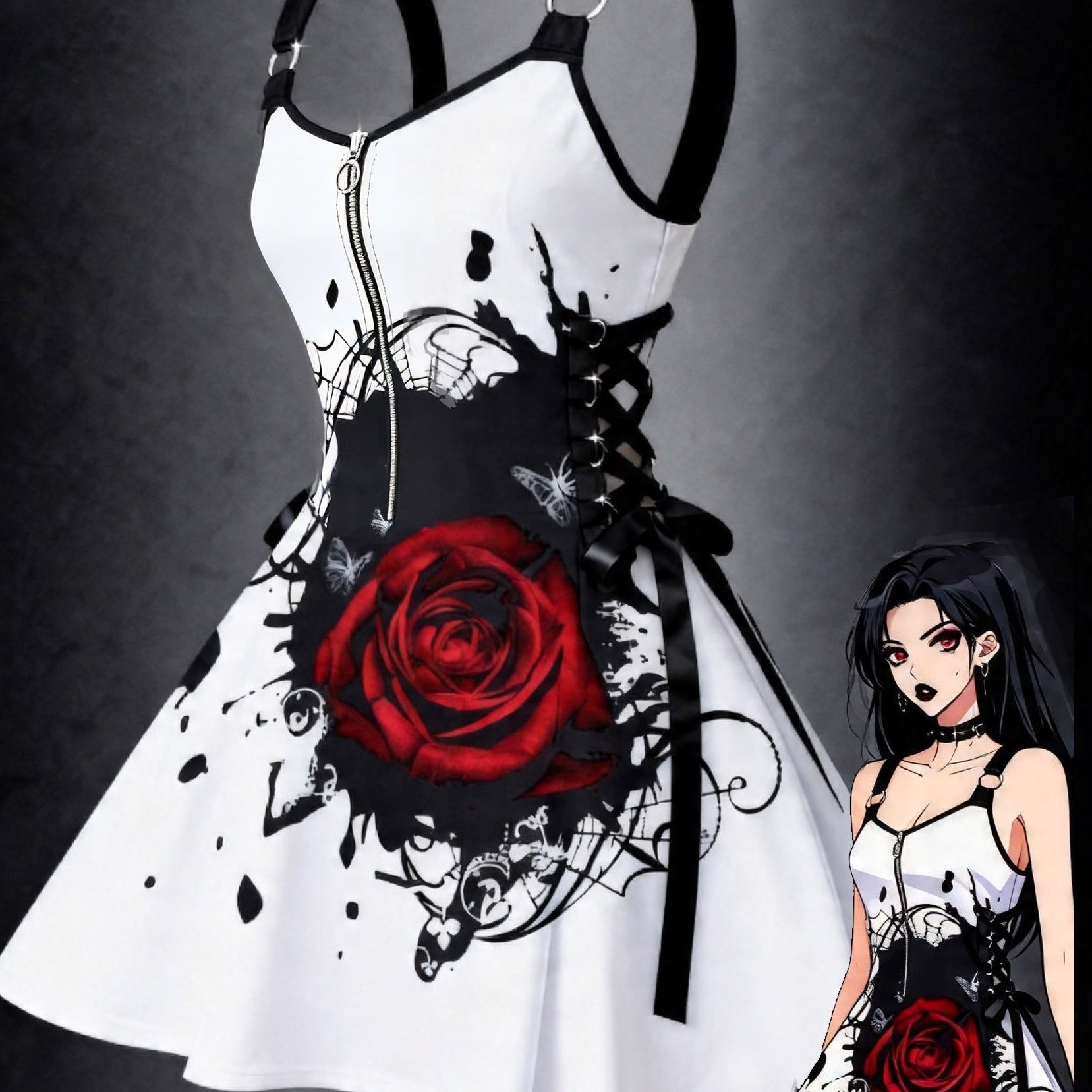 TEMU Y2k Women's Floral Print Dress | Street Casual Spring/summer Style | Gothic Party Fashion Print Dress | Retro Lace-up Waist | Zippered V-neck |,