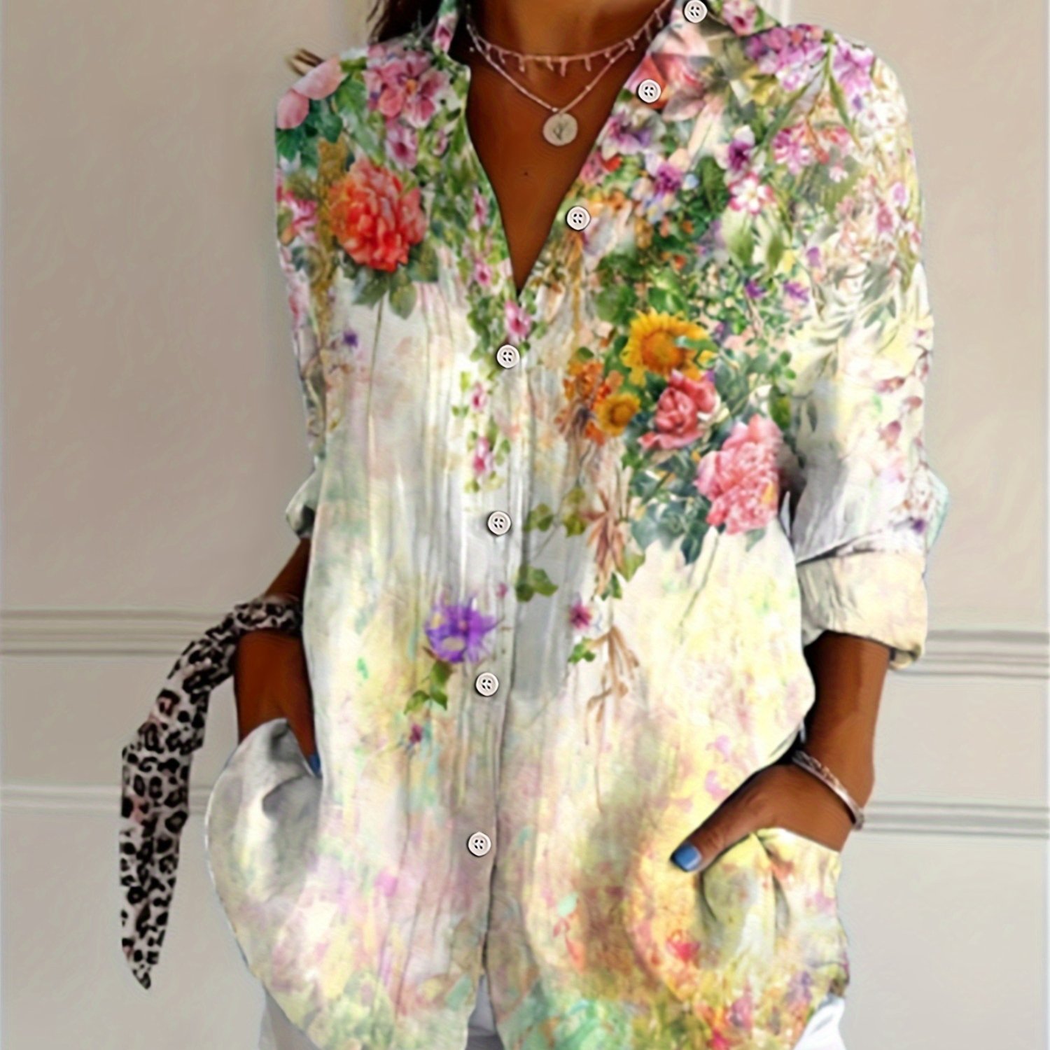 TEMU Eryu Directional Western Fashion Hot Item Autumn Winter Long Sleeve V-neck Floral Print Blouse Top